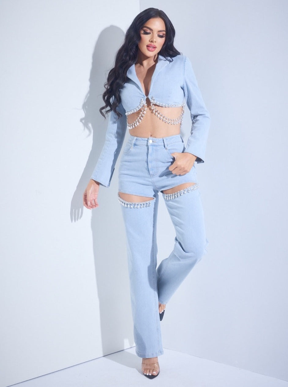 2 Pc Long Sleeve Rhinestone Crop Blazer and Rhinestone Cutout Denim  Set