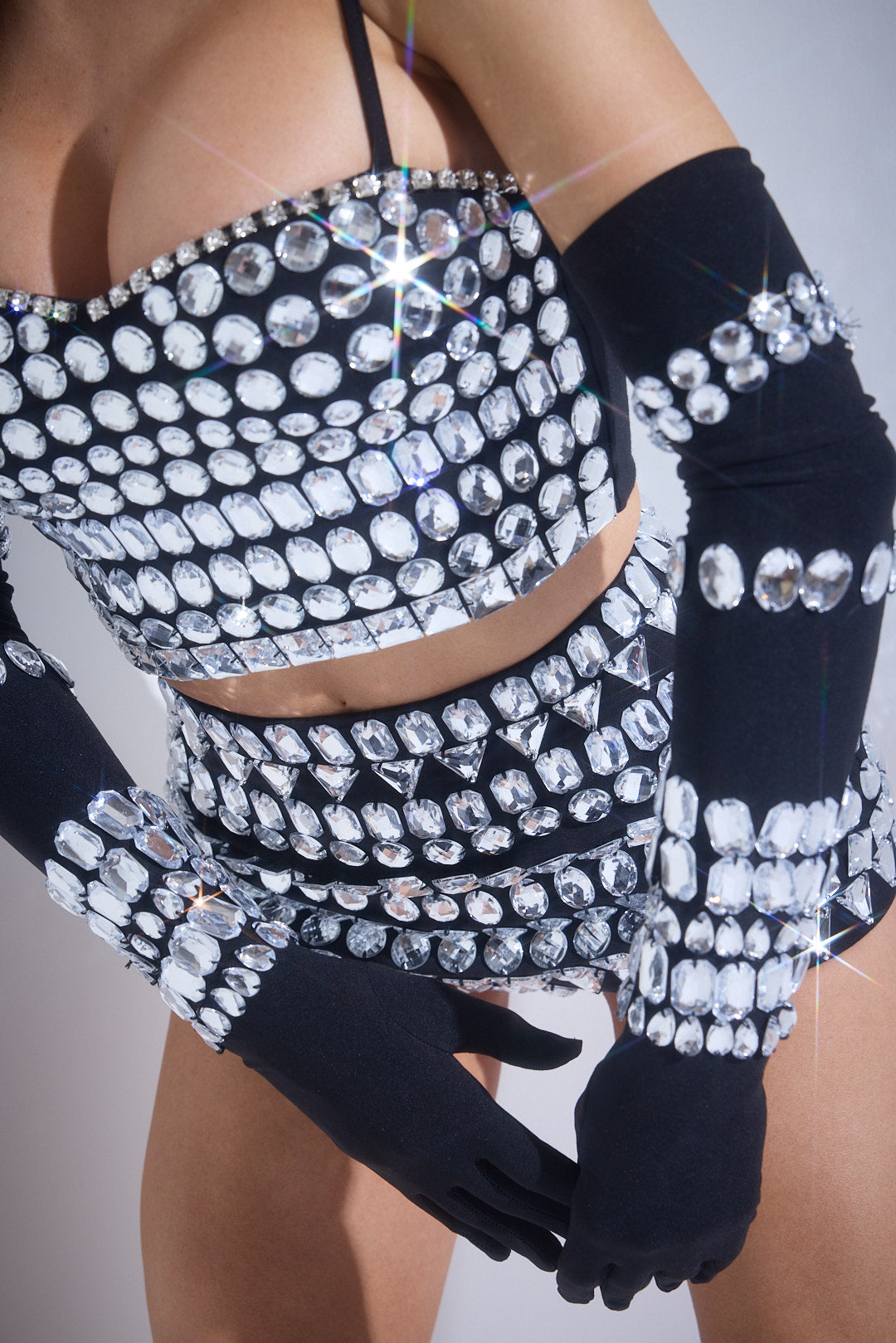 3 Pc Crystal Crop Top with Gloves and Mini Short Set