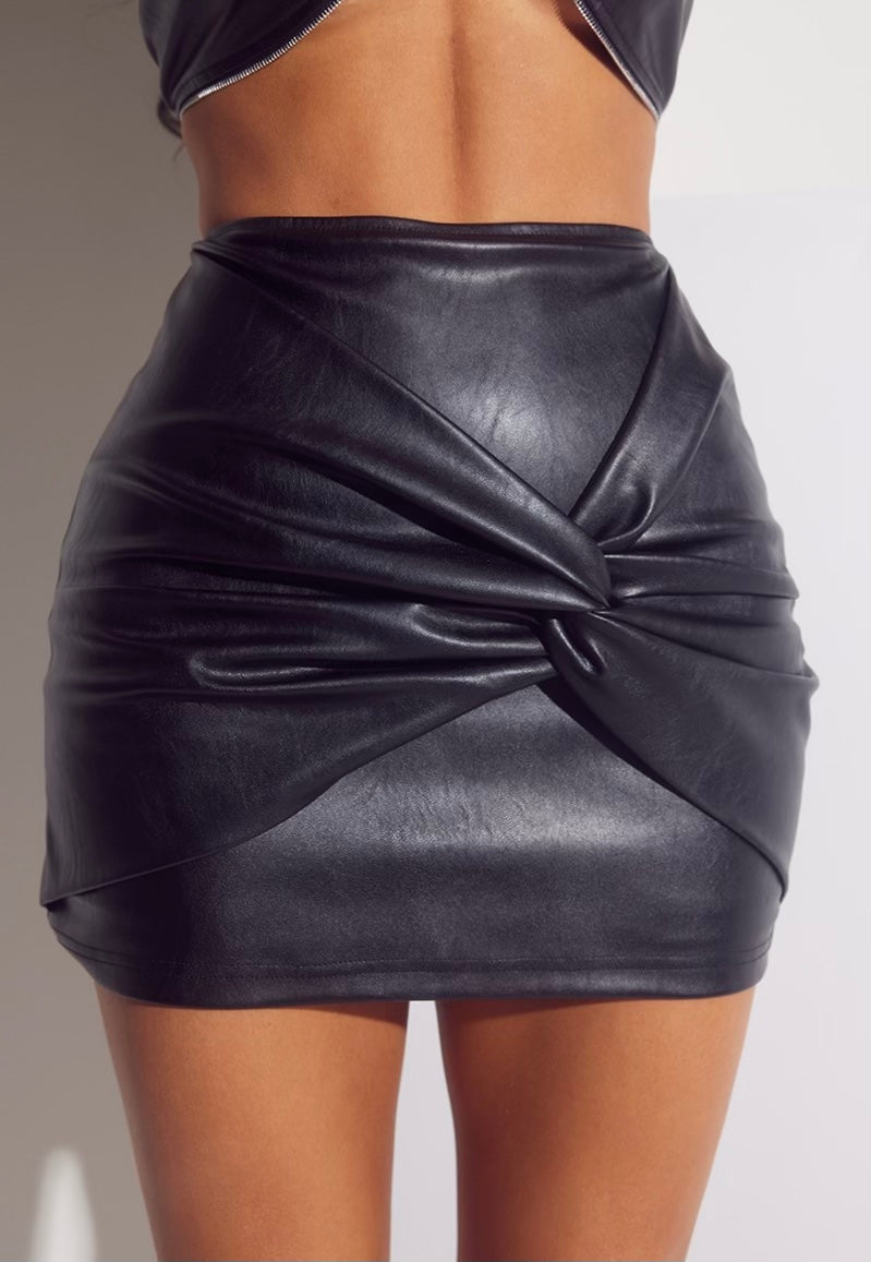 3 Pc Leather Feel Long Sleeve Cutout Jacket Bra Top and Mini Skirt Set