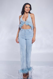 2 Pc Denim Ostrich Trim Halter Top and Pant Set