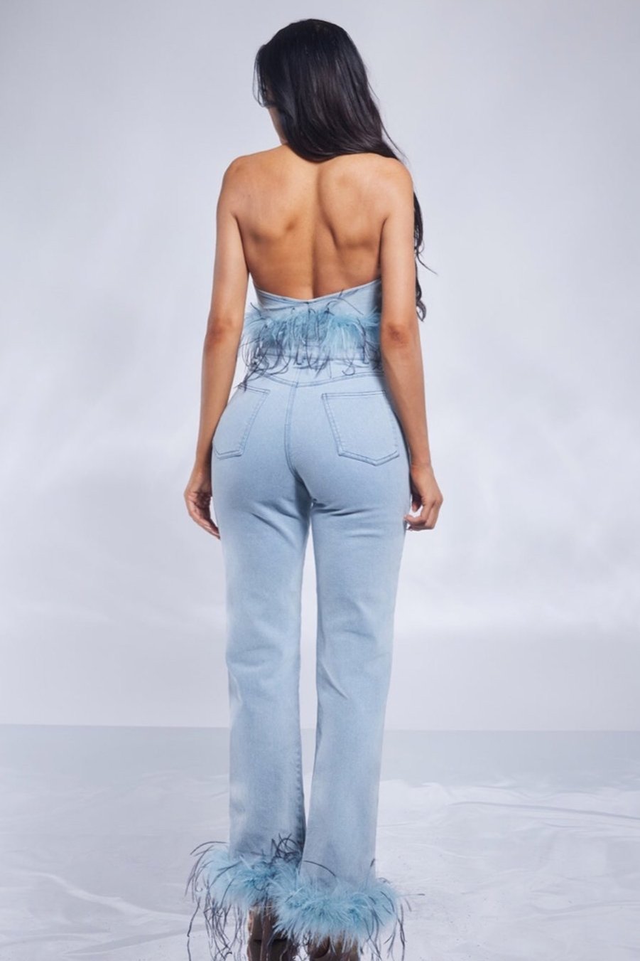 2 Pc Denim Ostrich Trim Halter Top and Pant Set