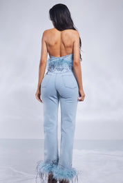 2 Pc Denim Ostrich Trim Halter Top and Pant Set