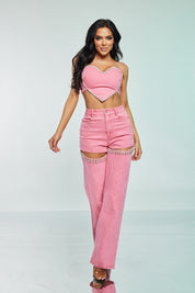 2 Pc Denim Rhinestone Heart Crop and Pant Set