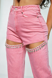 2 Pc Denim Rhinestone Heart Crop and Pant Set