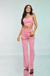 2 Pc Denim Rhinestone Heart Crop and Pant Set