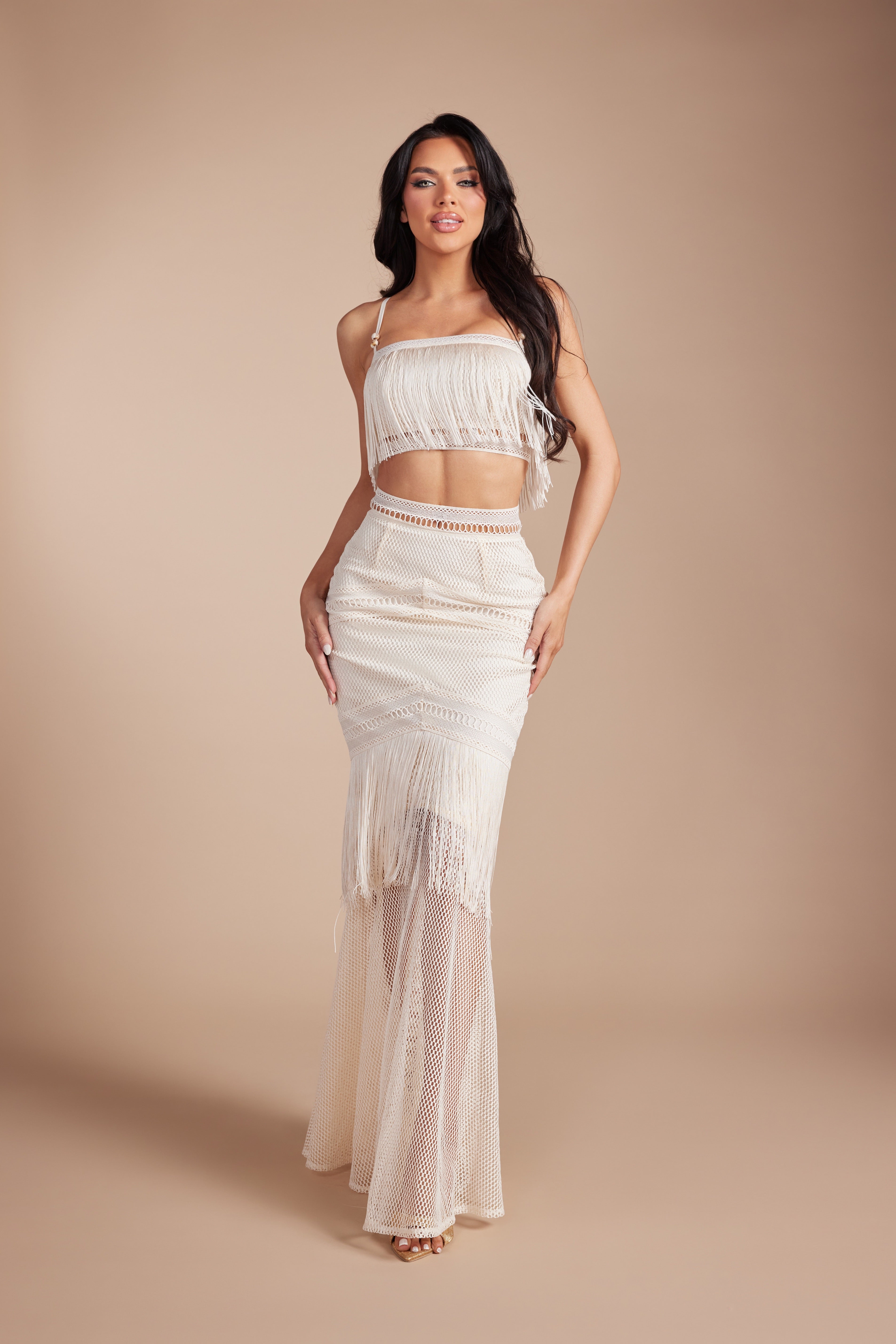 Boho Fringe Crop Top & Crochet Maxi Skirt Two-Piece Set