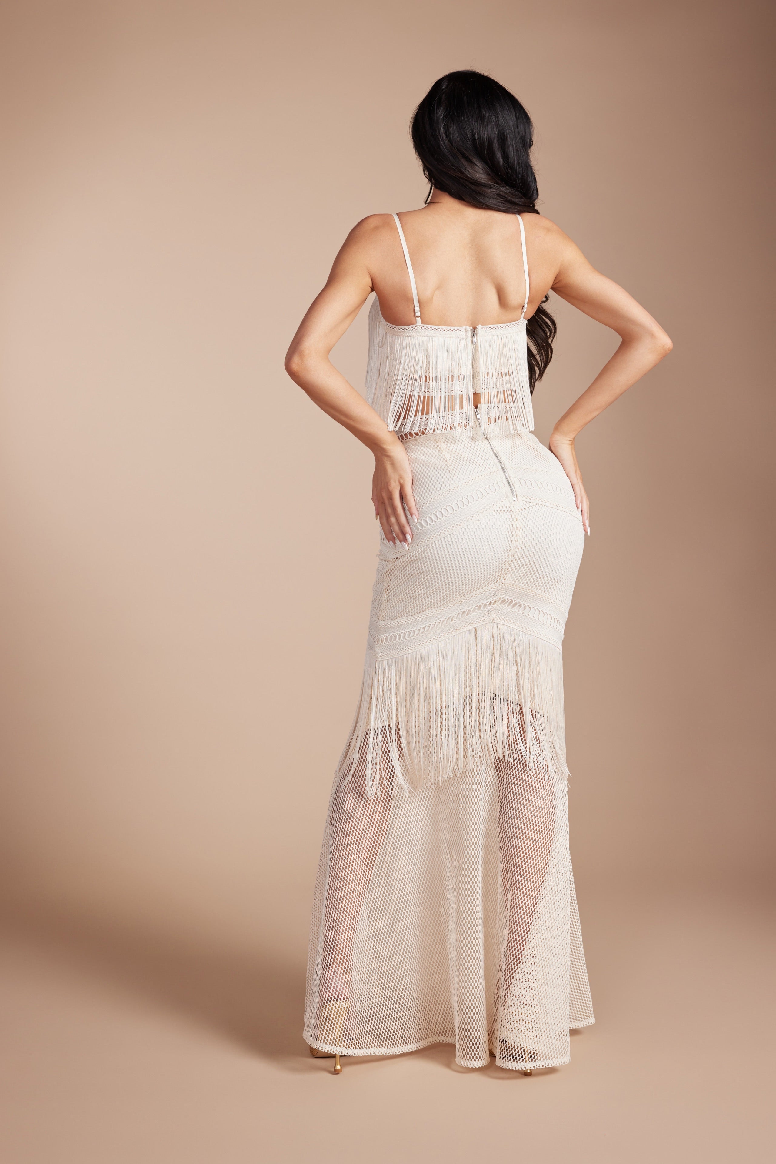 Boho Fringe Crop Top & Crochet Maxi Skirt Two-Piece Set
