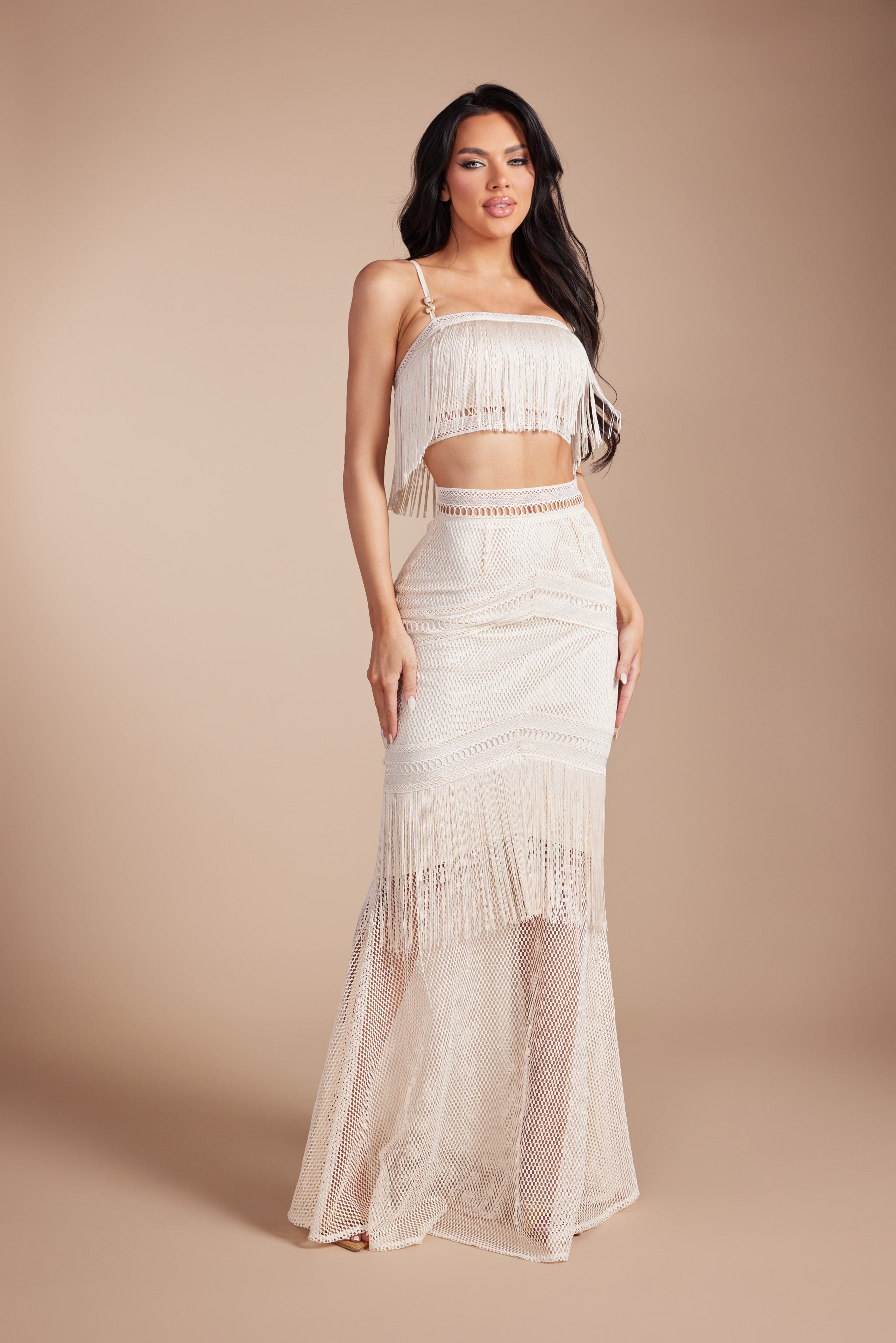 Boho Fringe Crop Top & Crochet Maxi Skirt Two-Piece Set