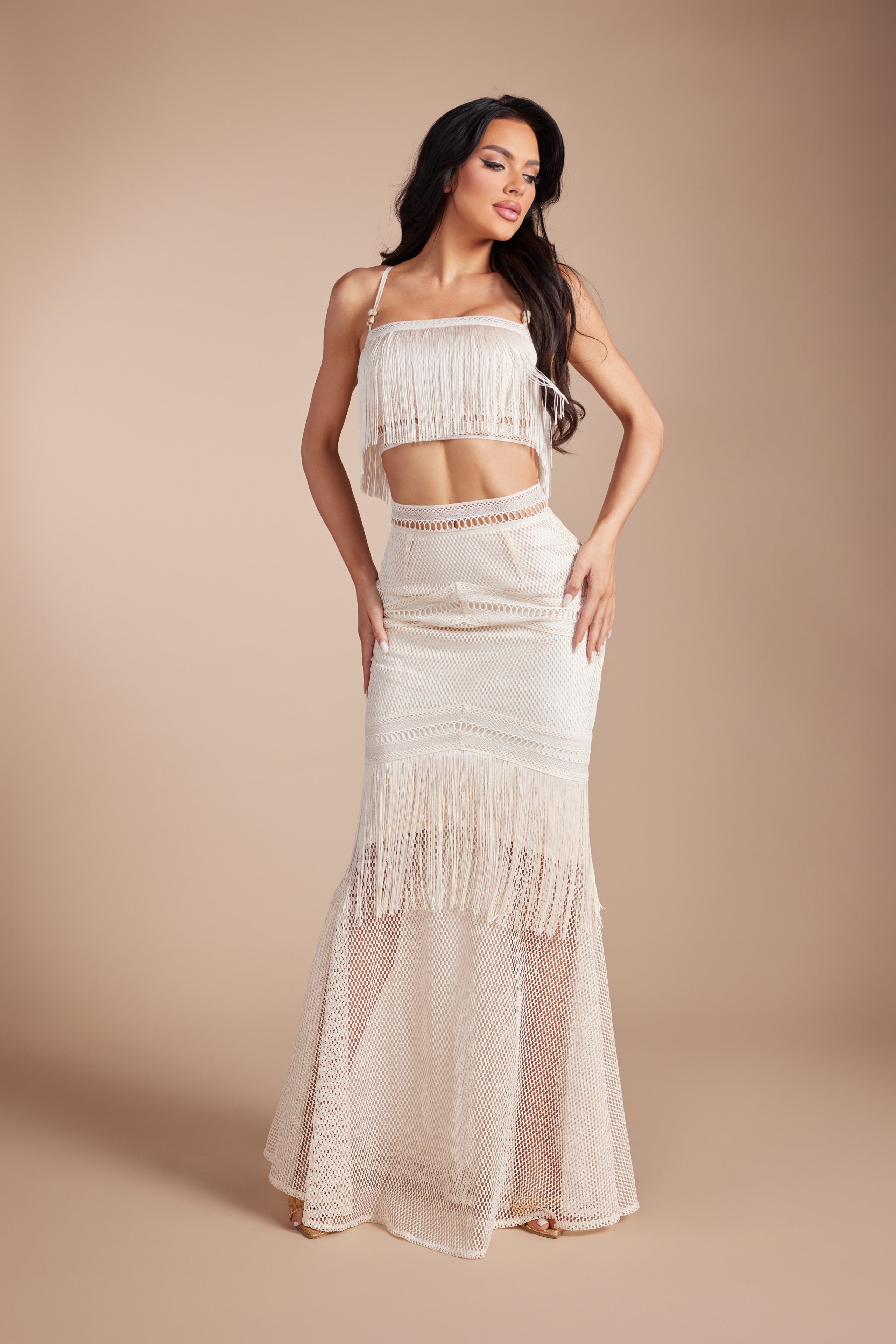Boho Fringe Crop Top & Crochet Maxi Skirt Two-Piece Set