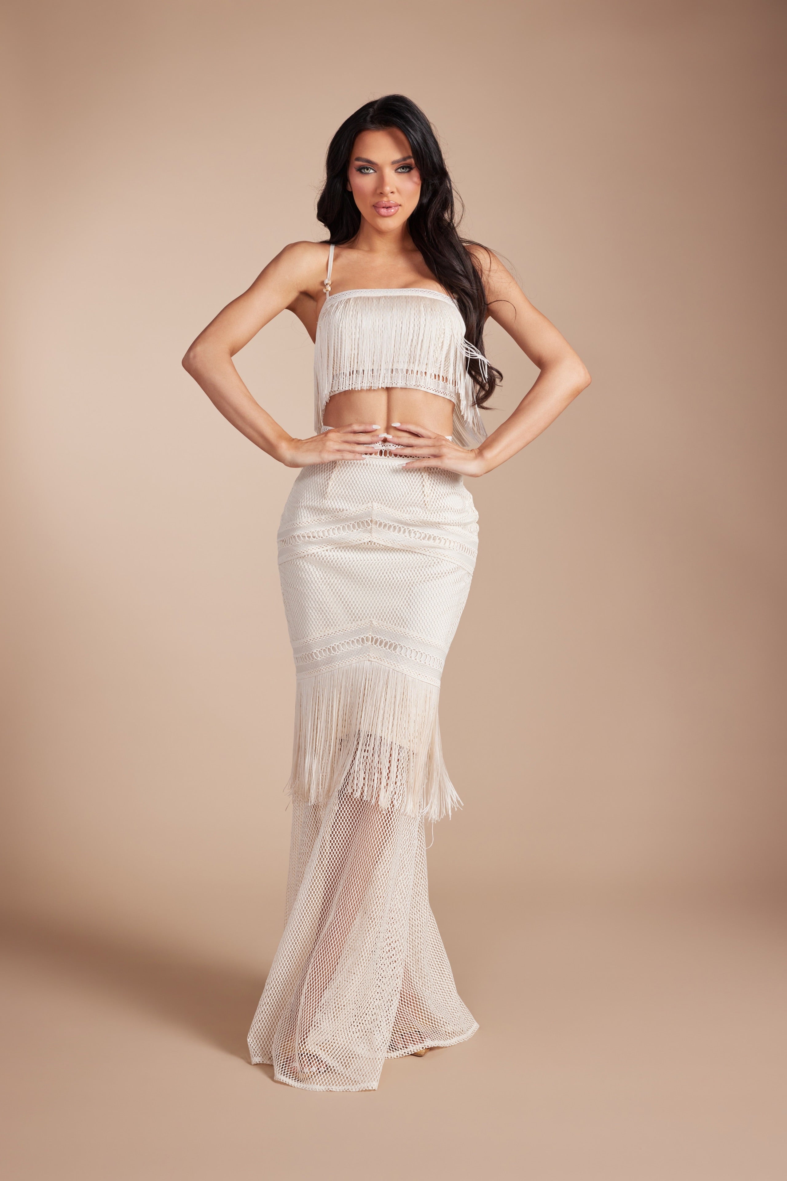 Boho Fringe Crop Top & Crochet Maxi Skirt Two-Piece Set