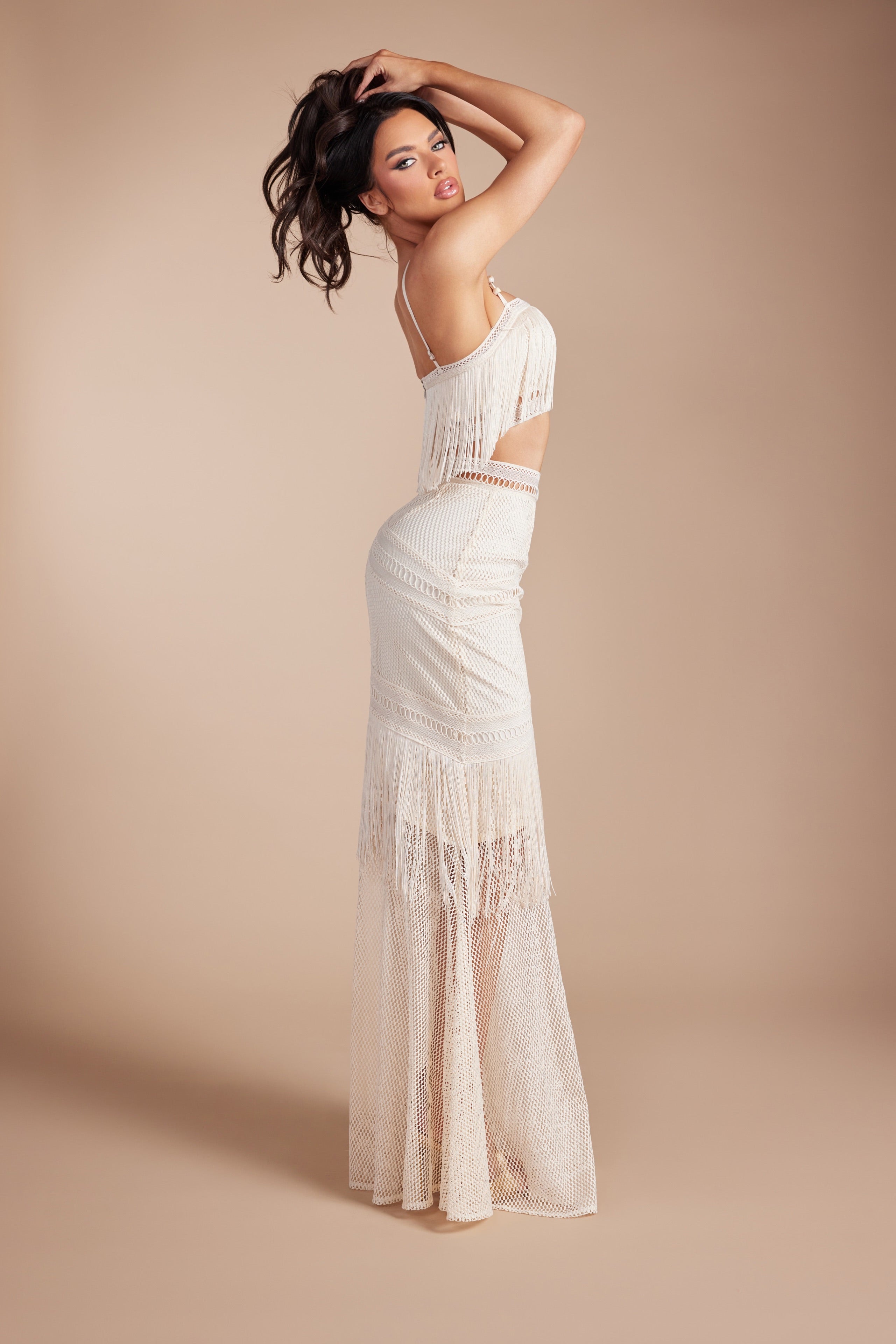 Boho Fringe Crop Top & Crochet Maxi Skirt Two-Piece Set