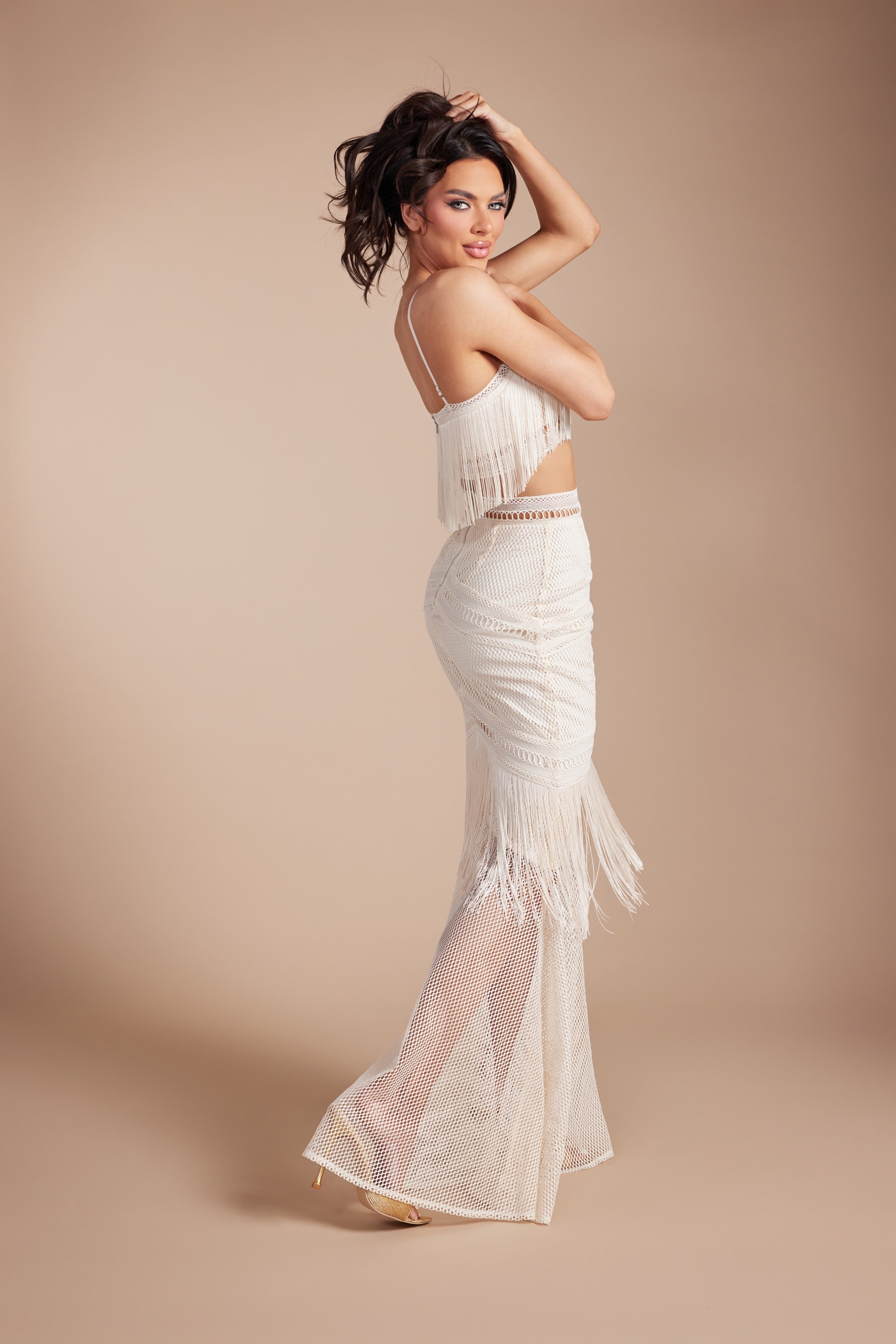 Boho Fringe Crop Top & Crochet Maxi Skirt Two-Piece Set