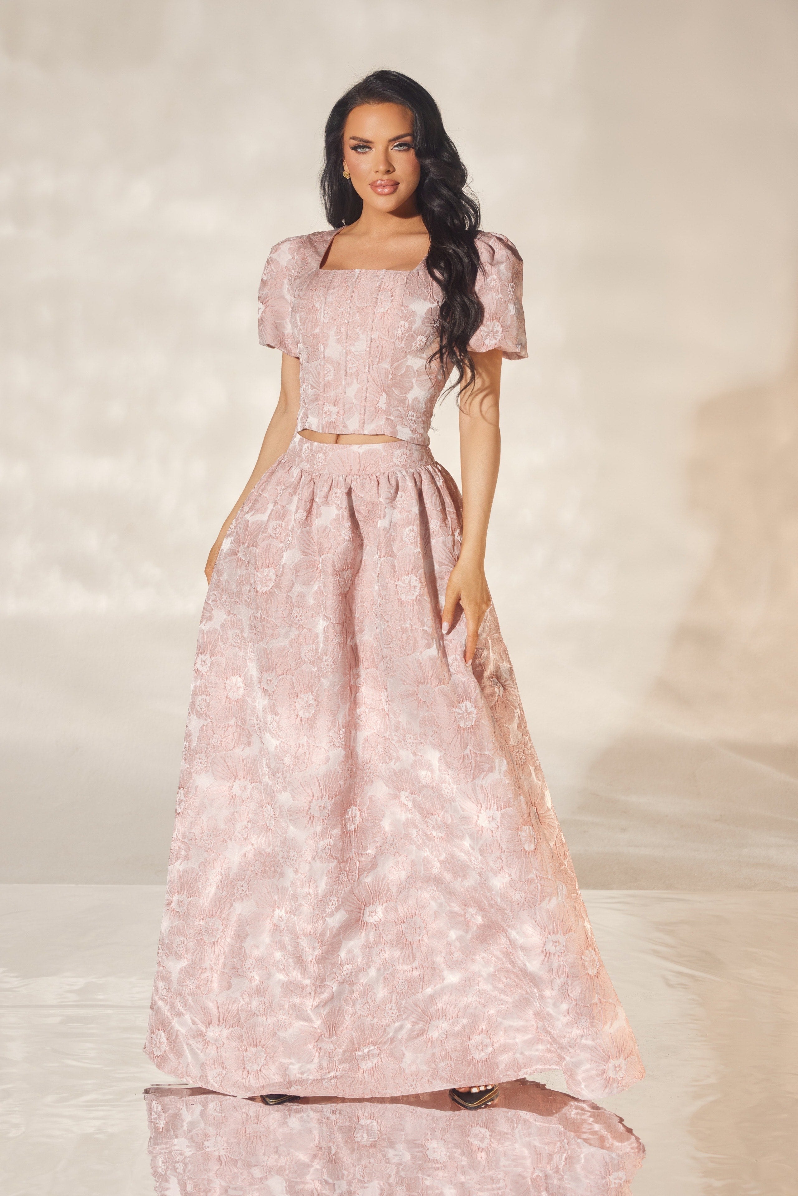 Romantic Floral Jacquard Skirt Set
