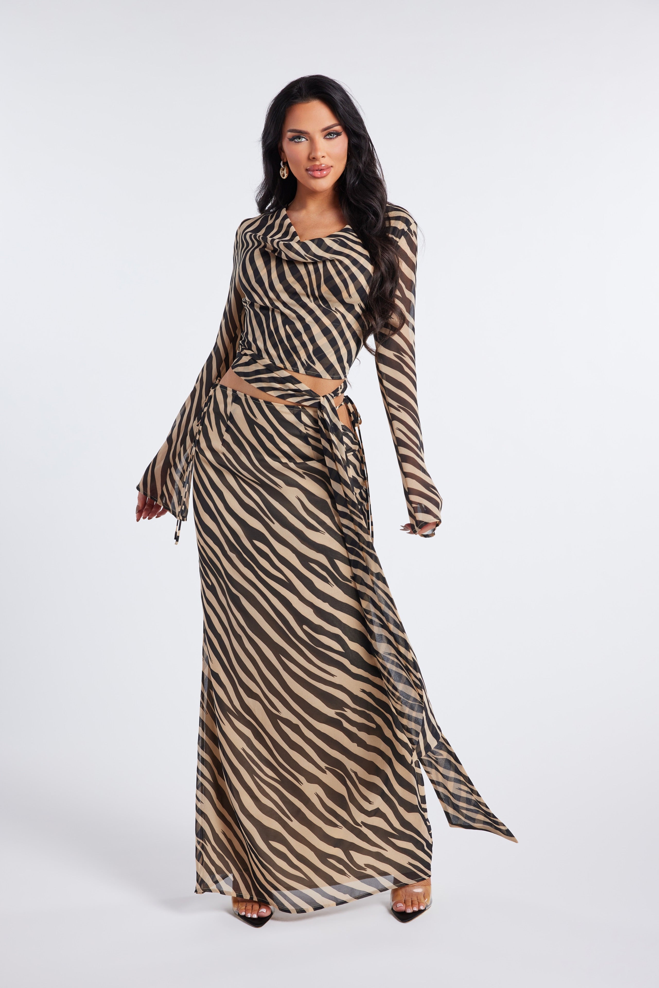 Zebra Print Two-Piece Cowl Neck Wrap Top & Maxi Skirt SET