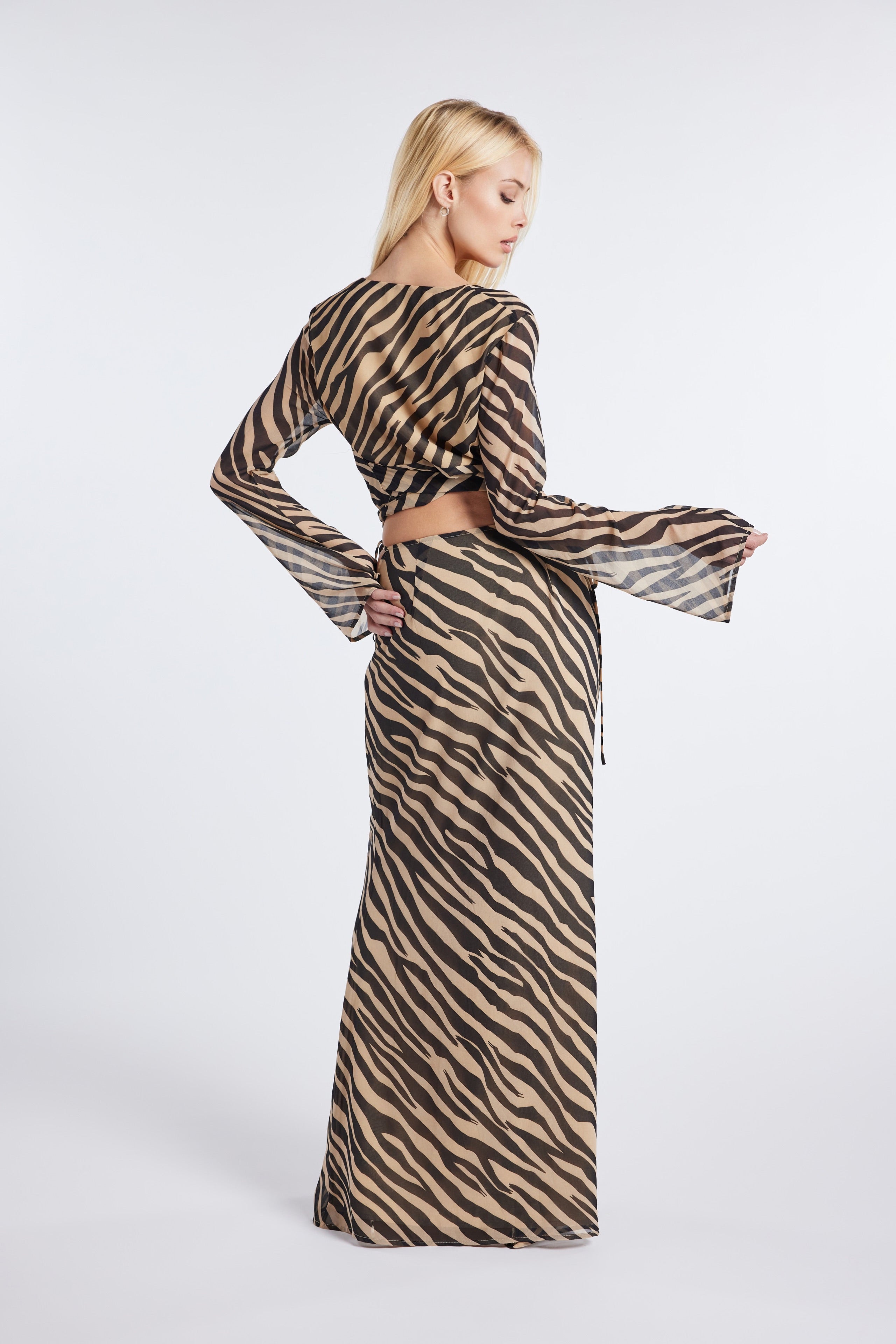 Zebra Print Two-Piece Cowl Neck Wrap Top & Maxi Skirt SET