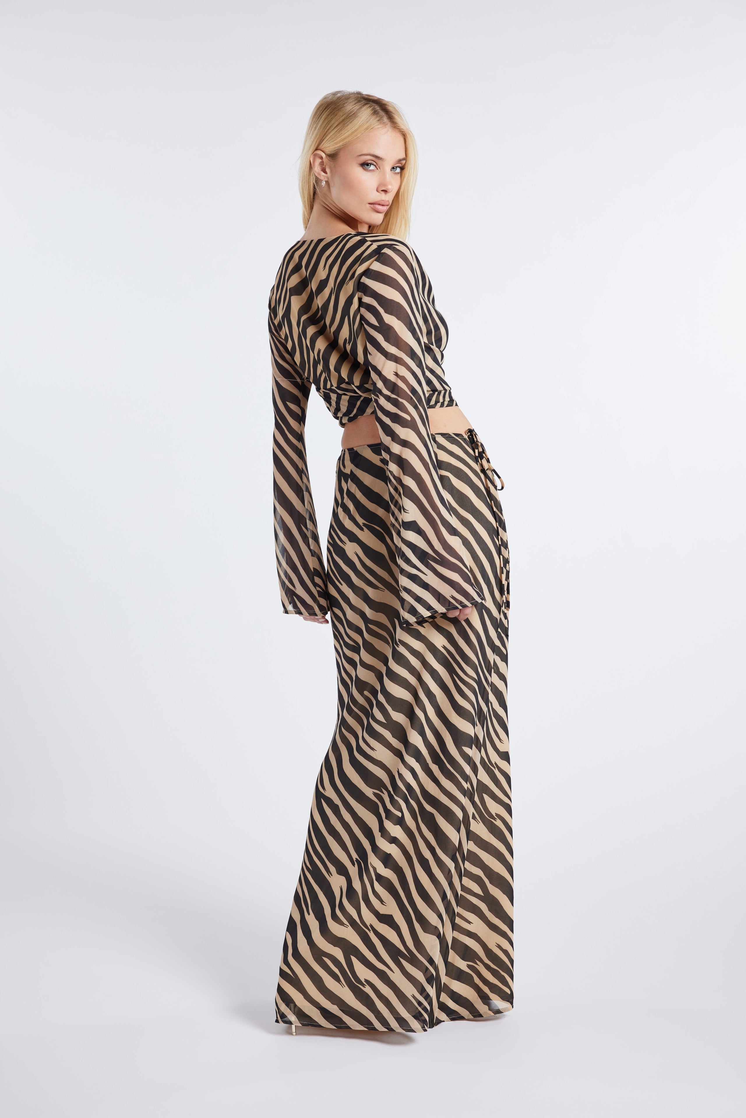 Zebra Print Two-Piece Cowl Neck Wrap Top & Maxi Skirt SET