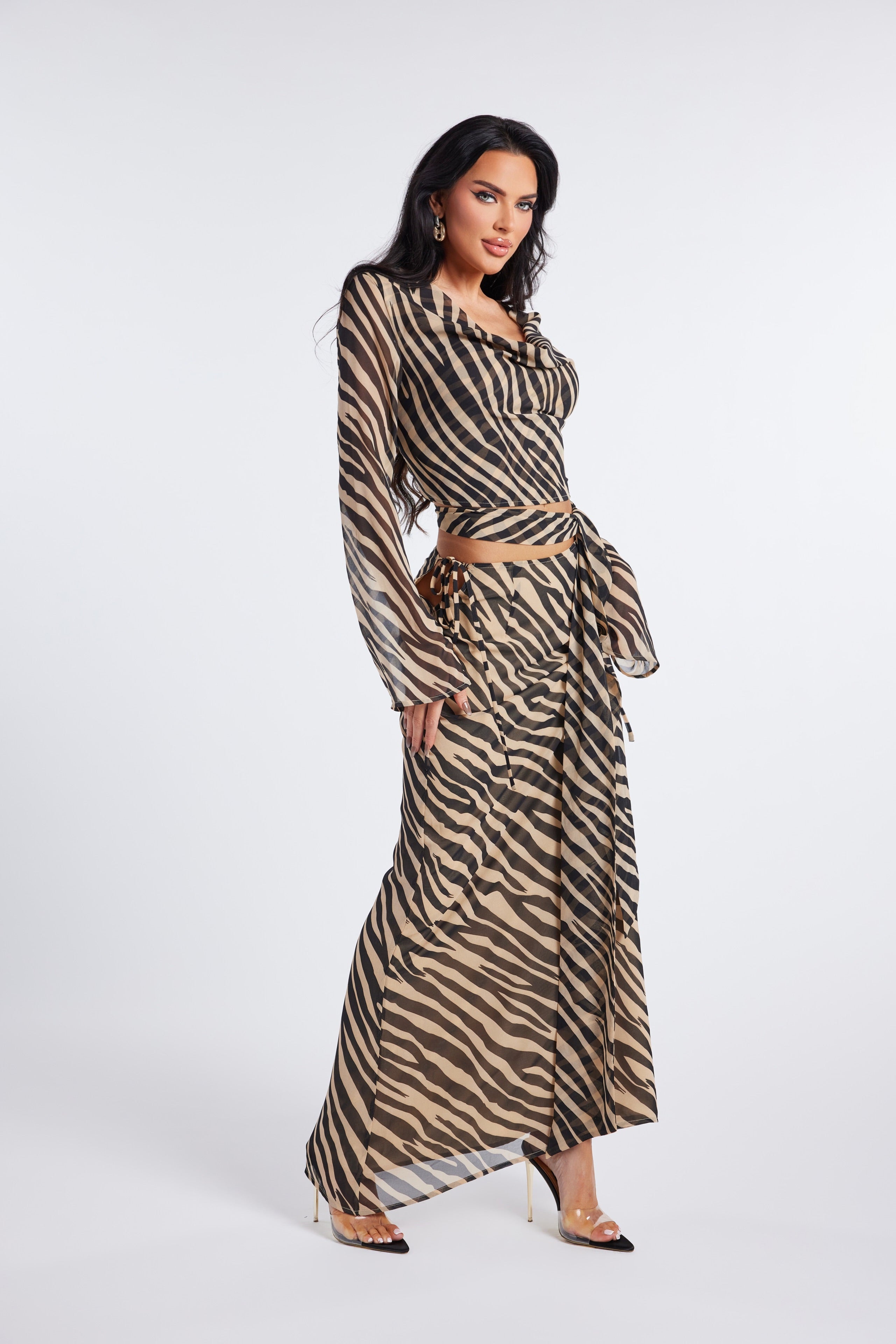 Zebra Print Two-Piece Cowl Neck Wrap Top & Maxi Skirt SET