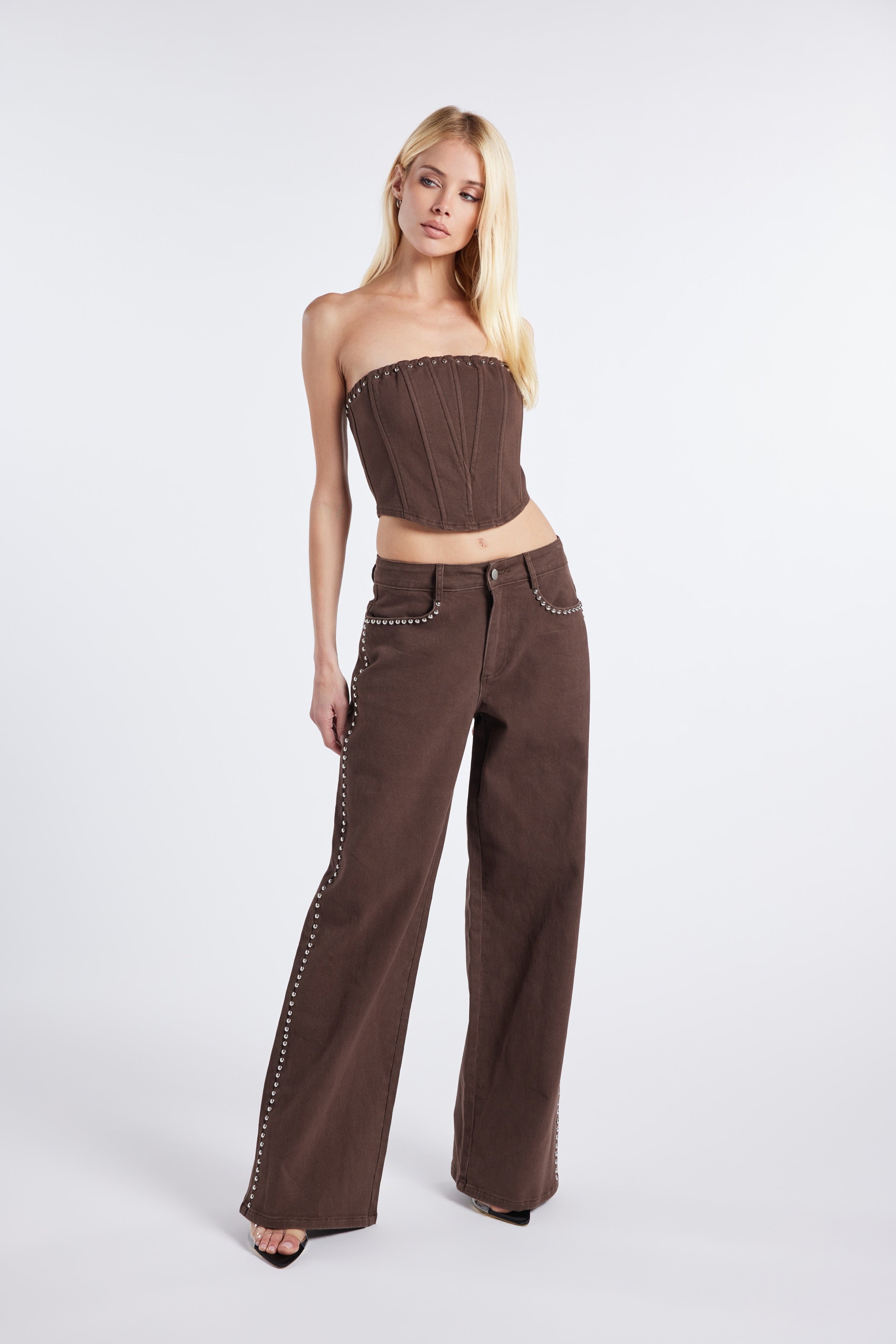 Rebel Rivet Twill Set – Studded Corset & Wide-Leg Trouser
