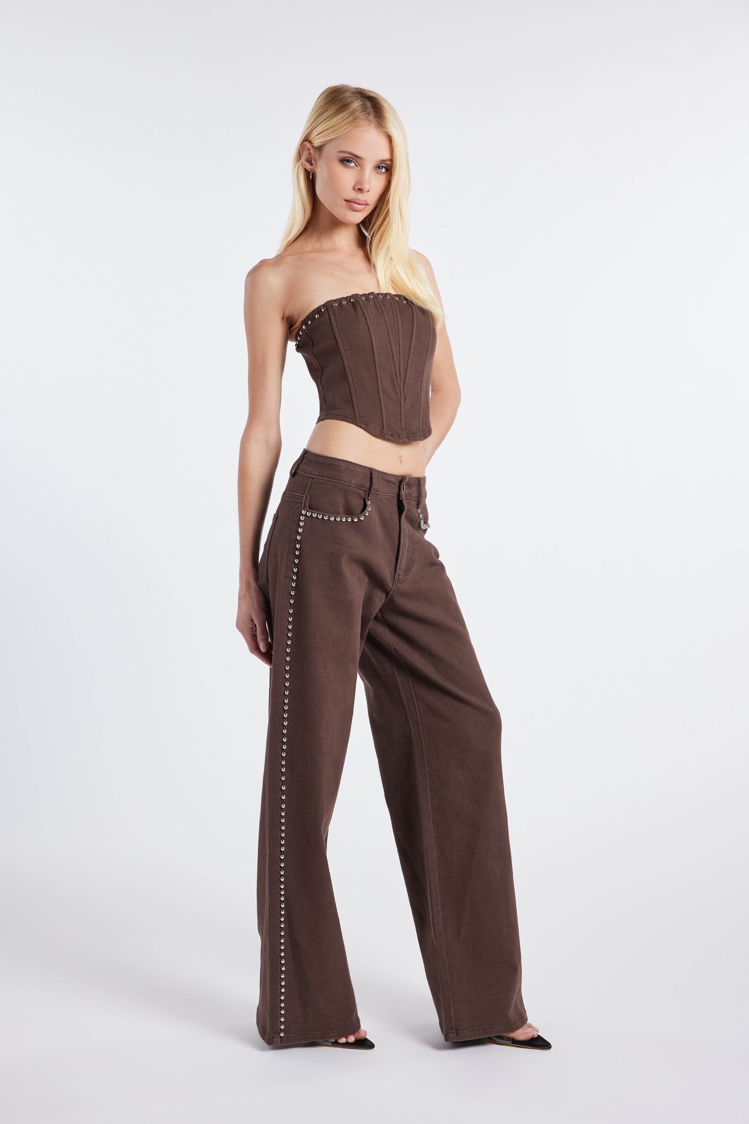 Rebel Rivet Twill Set – Studded Corset & Wide-Leg Trouser