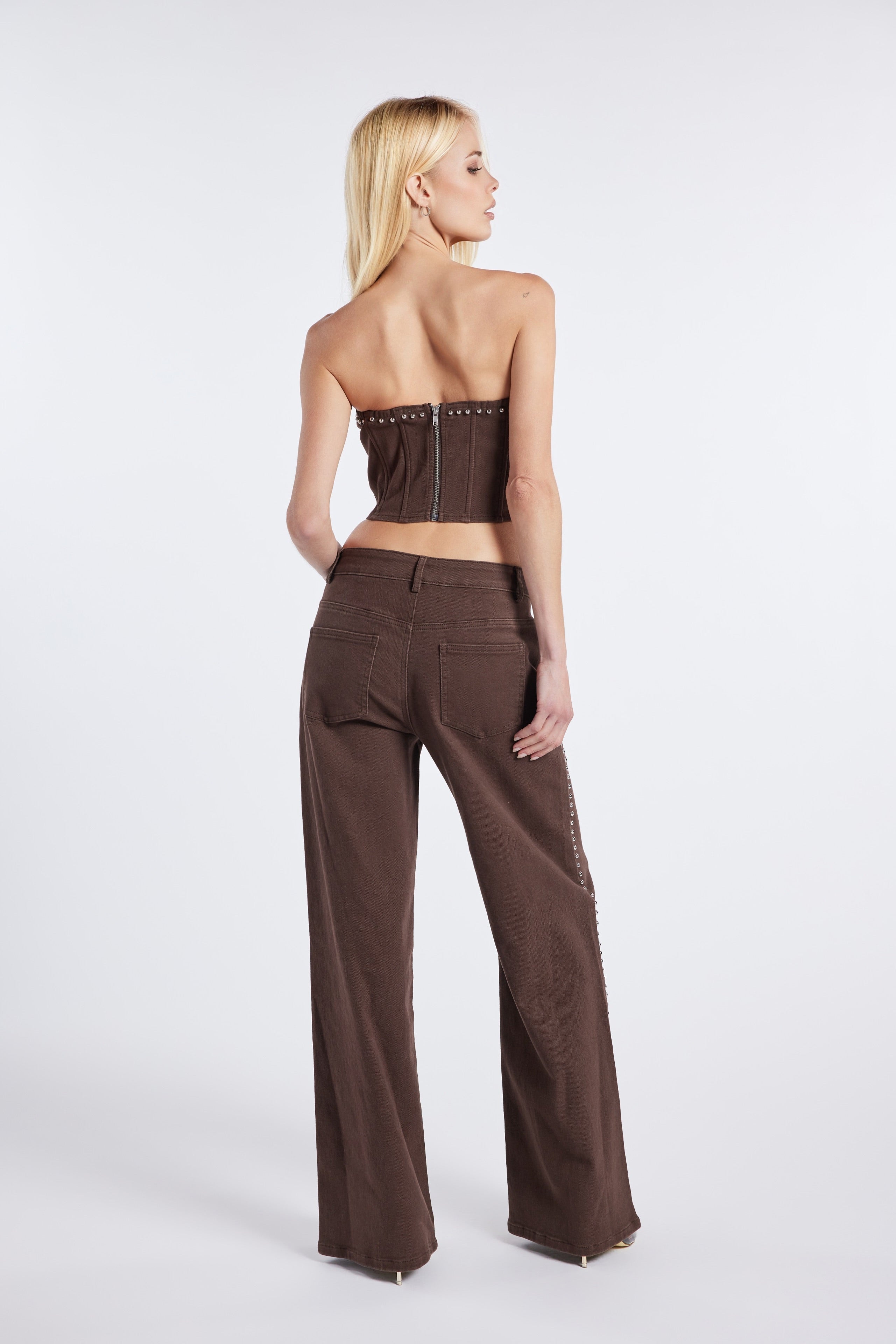 Rebel Rivet Twill Set – Studded Corset & Wide-Leg Trouser