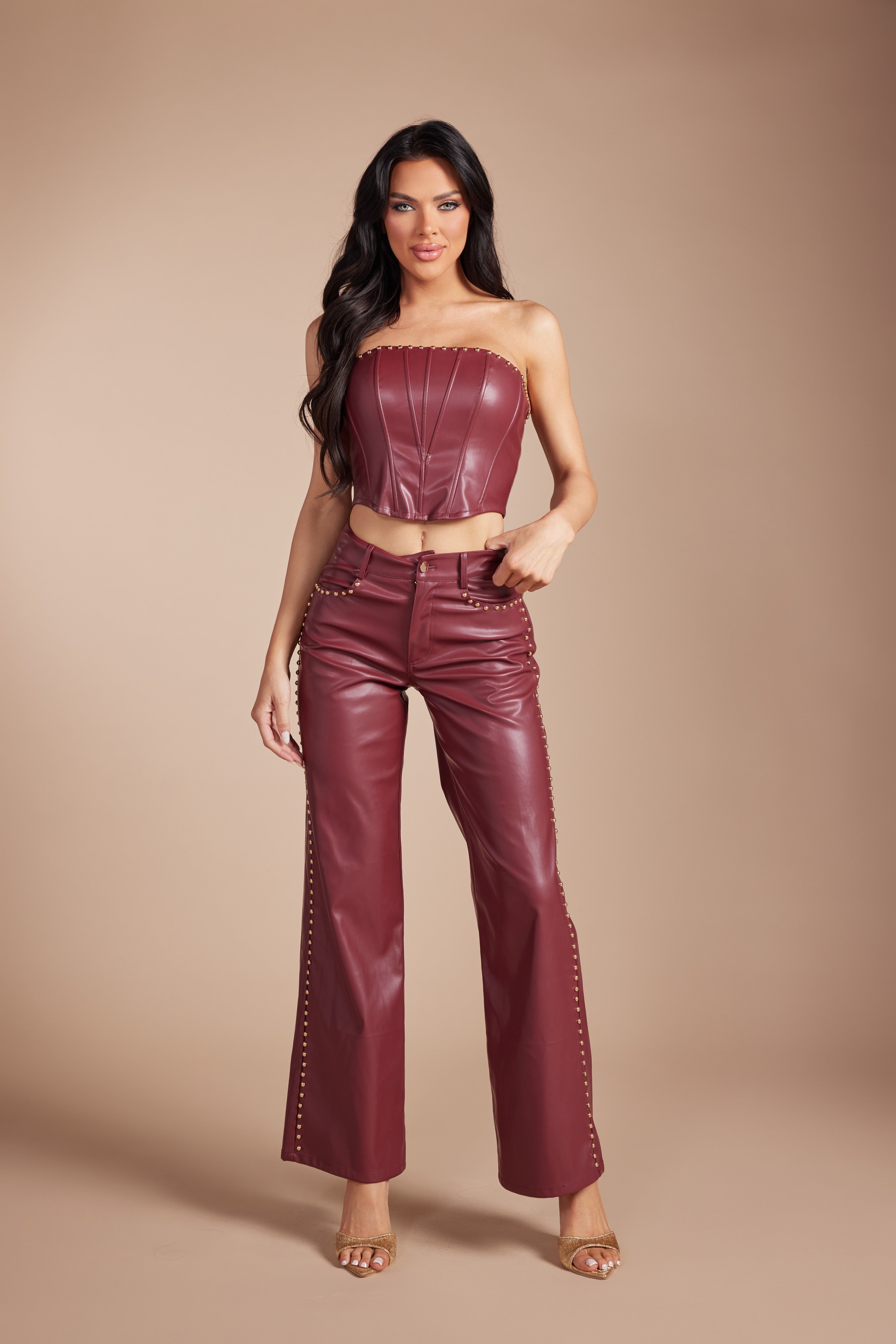Rebel Heart Studded PU Corset & Wide Leg Pant Set