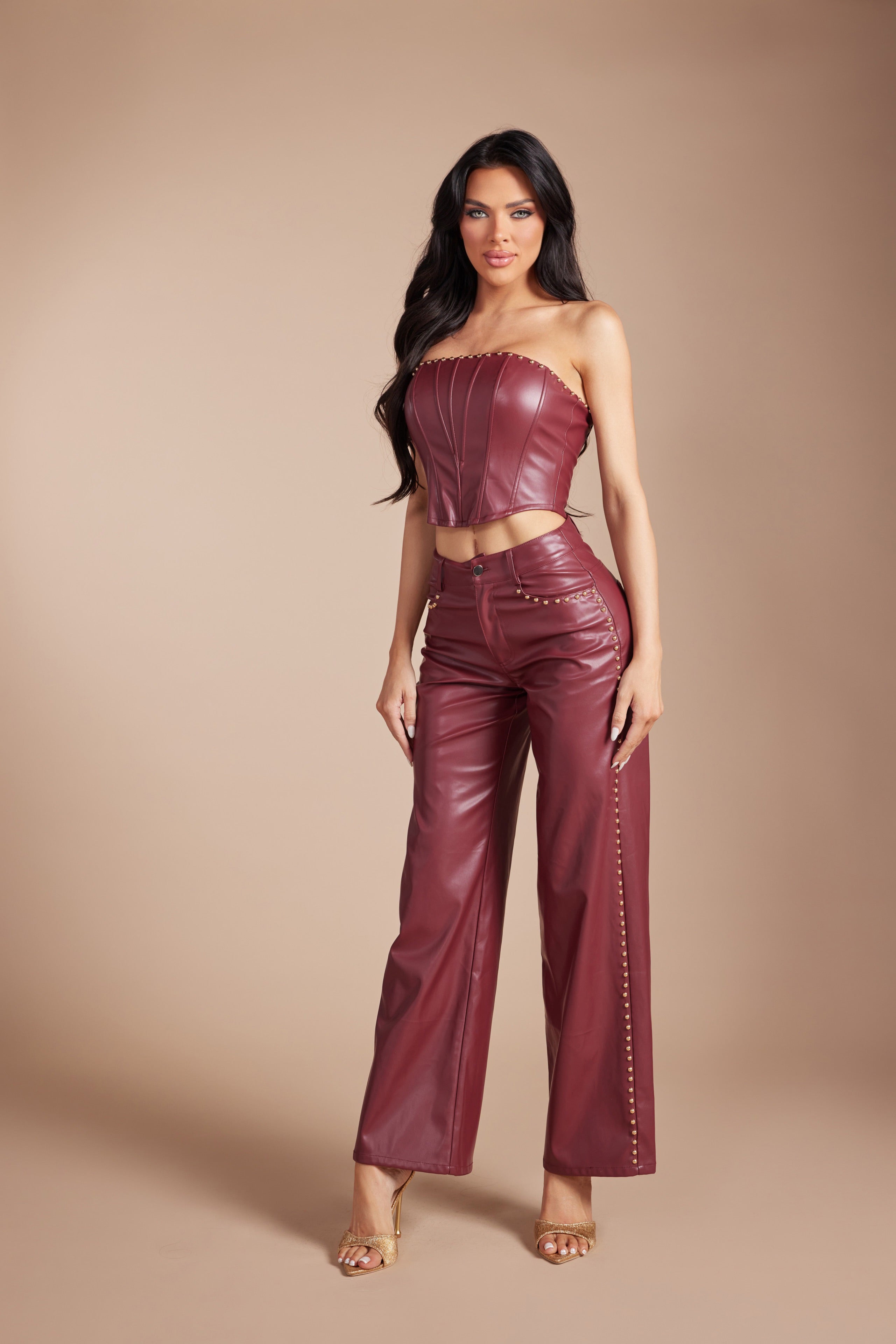 Rebel Heart Studded PU Corset & Wide Leg Pant Set