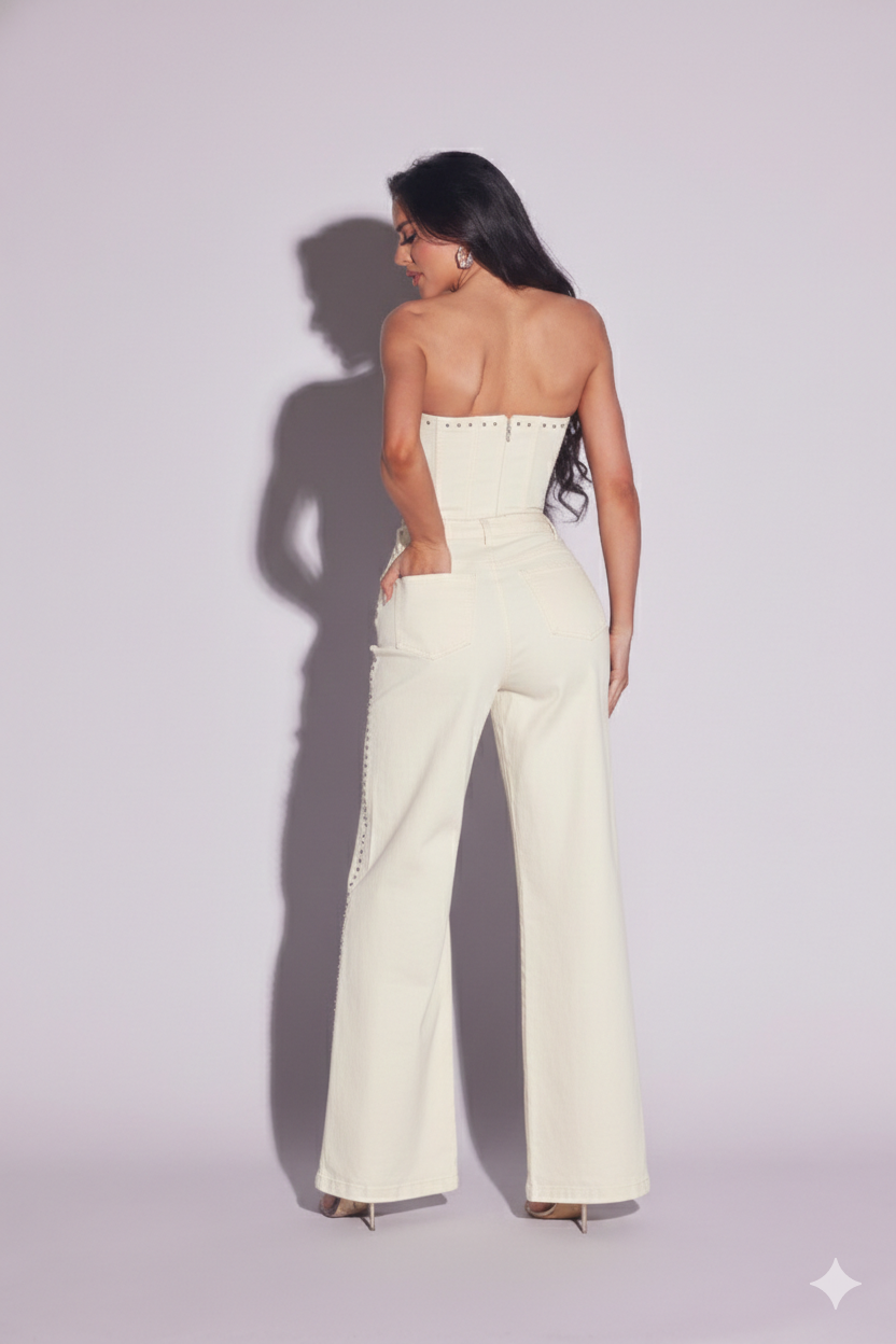 Rebel Rivet Twill Set – Studded Corset & Wide-Leg Trouser