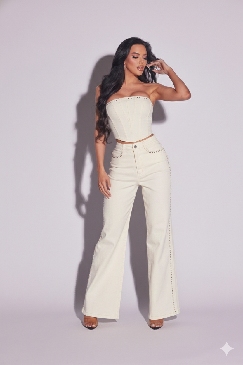 Rebel Rivet Twill Set – Studded Corset & Wide-Leg Trouser