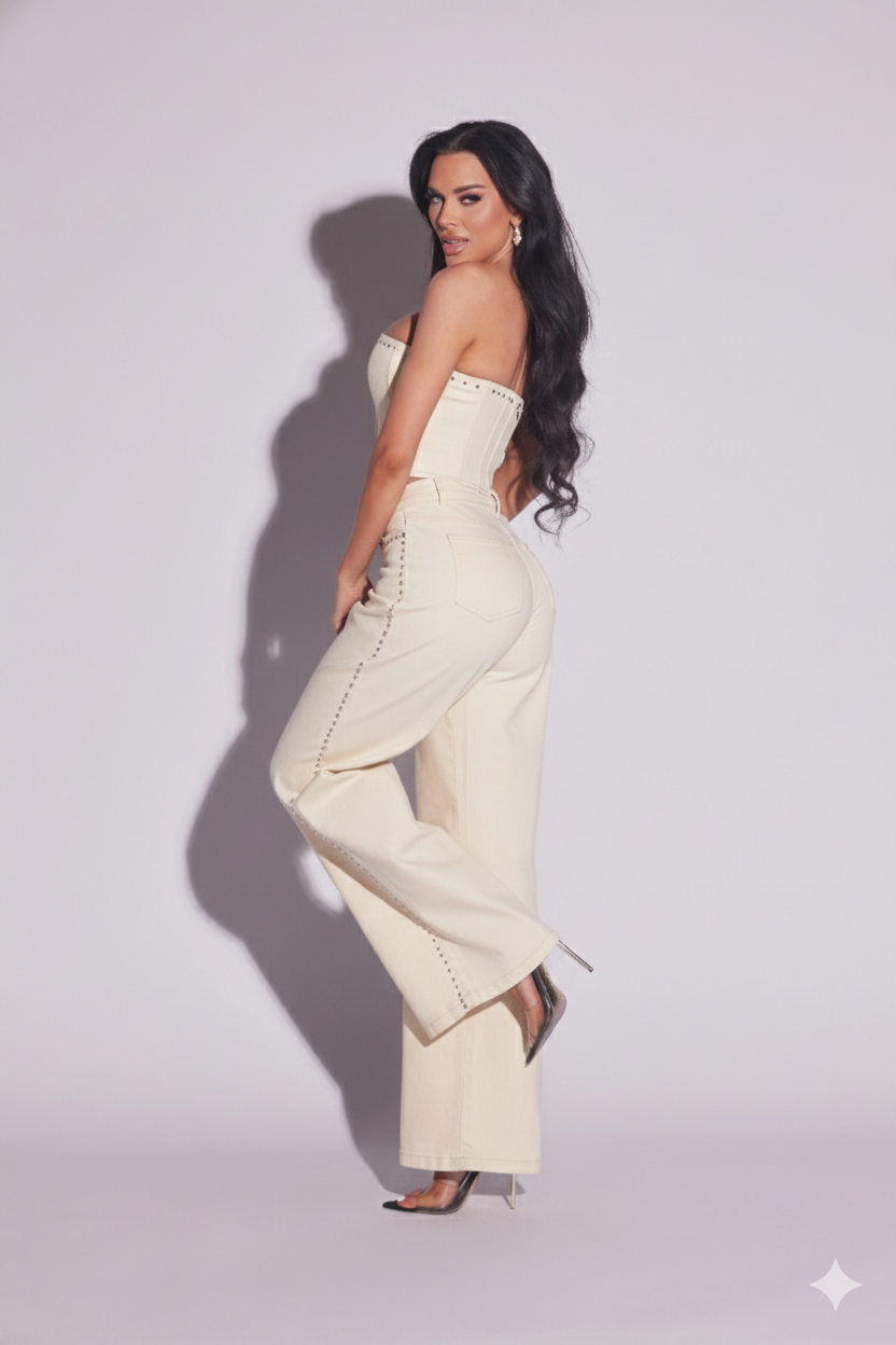 Rebel Rivet Twill Set – Studded Corset & Wide-Leg Trouser