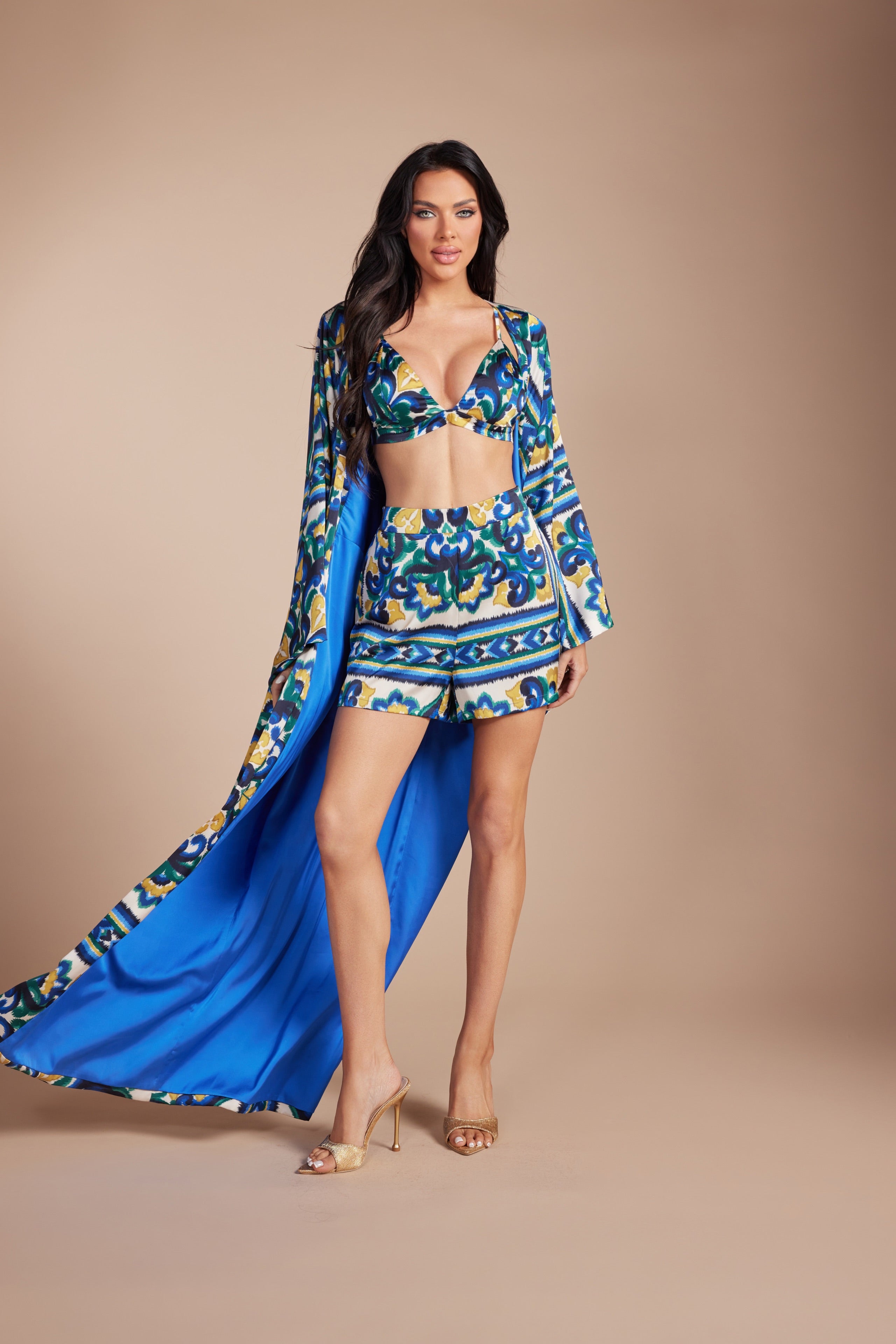 LuxurioPrinted Bralette, High-Waist Shorts & Dramatic Kimono