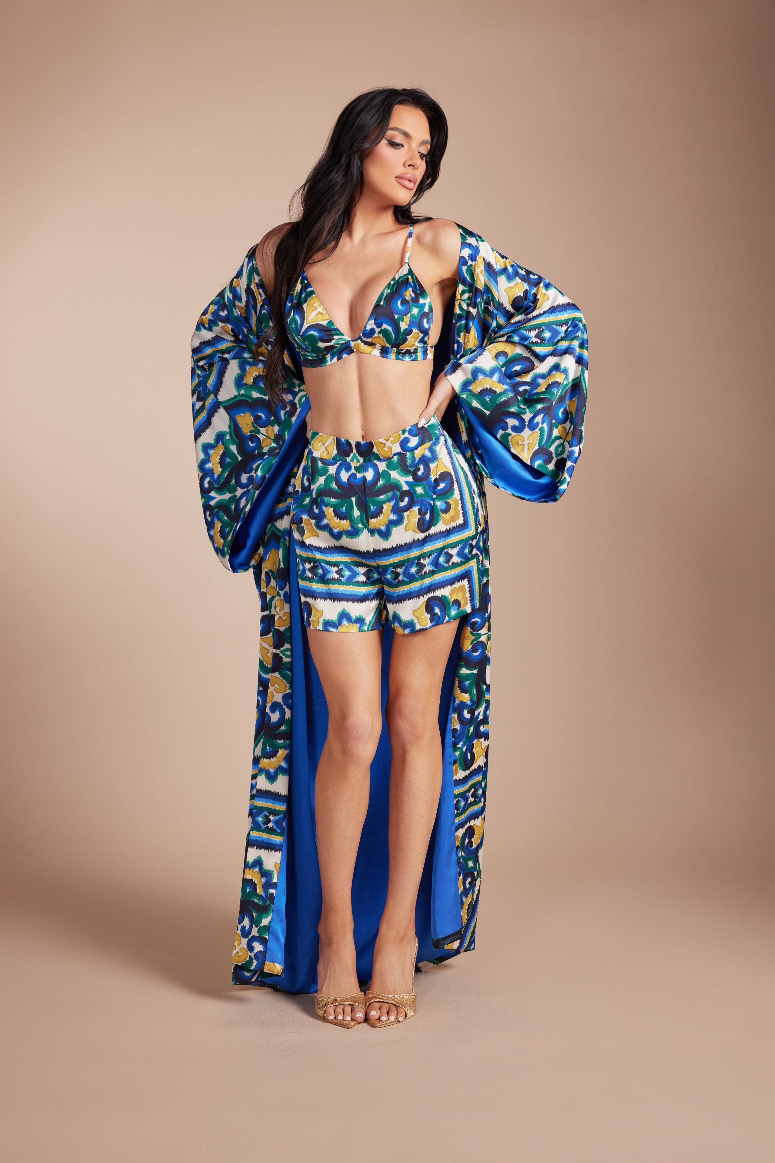 LuxurioPrinted Bralette, High-Waist Shorts & Dramatic Kimono