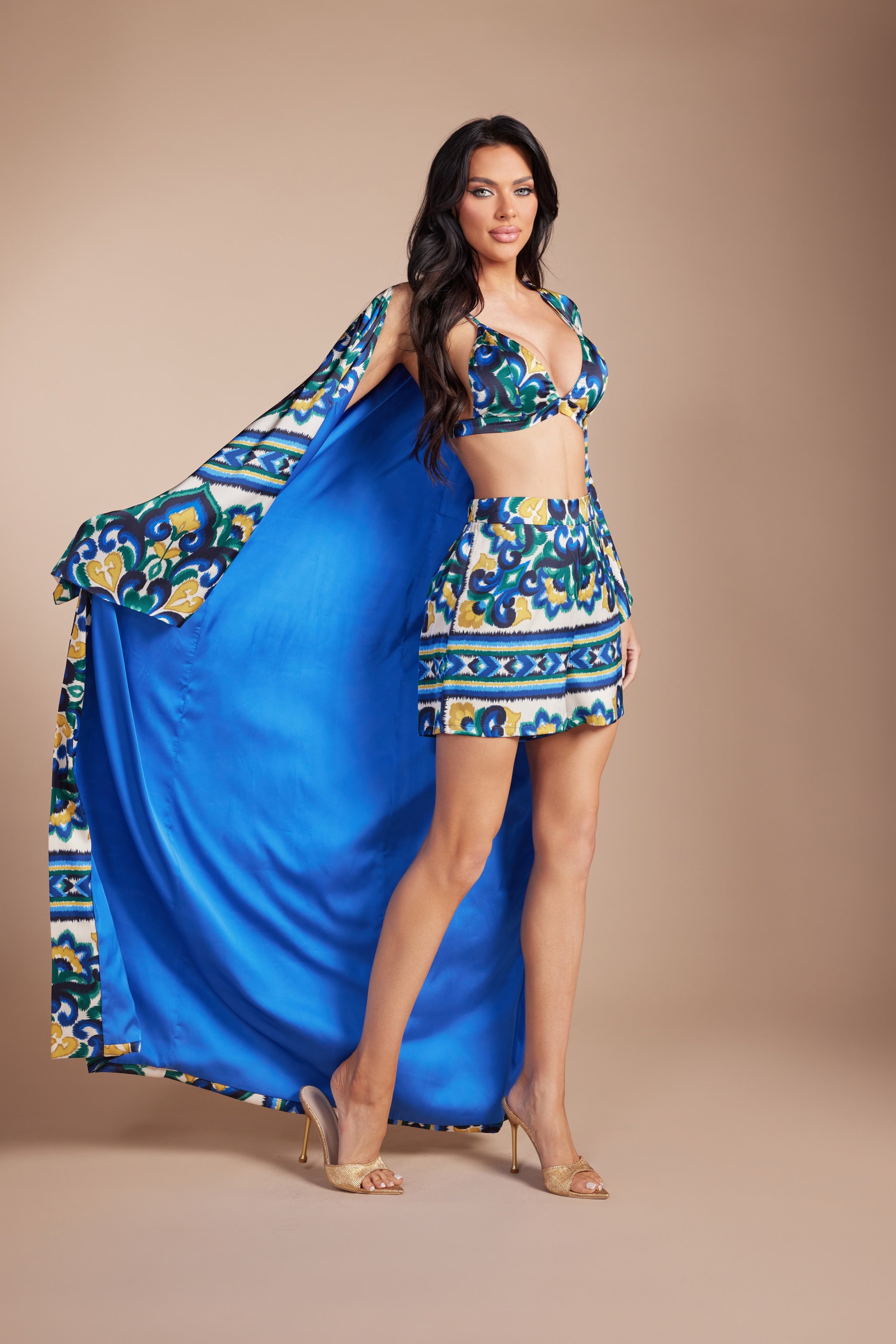 LuxurioPrinted Bralette, High-Waist Shorts & Dramatic Kimono