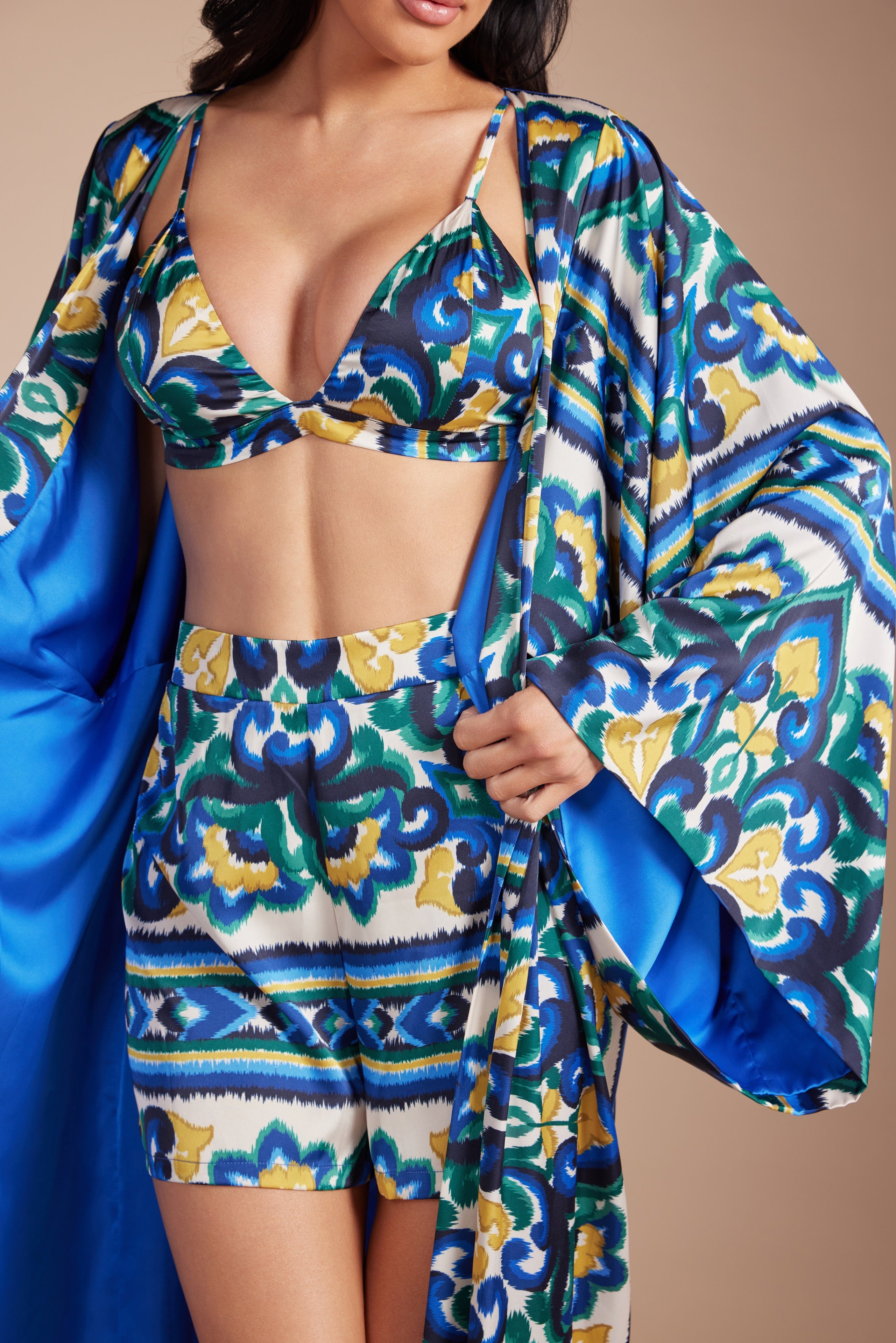 LuxurioPrinted Bralette, High-Waist Shorts & Dramatic Kimono
