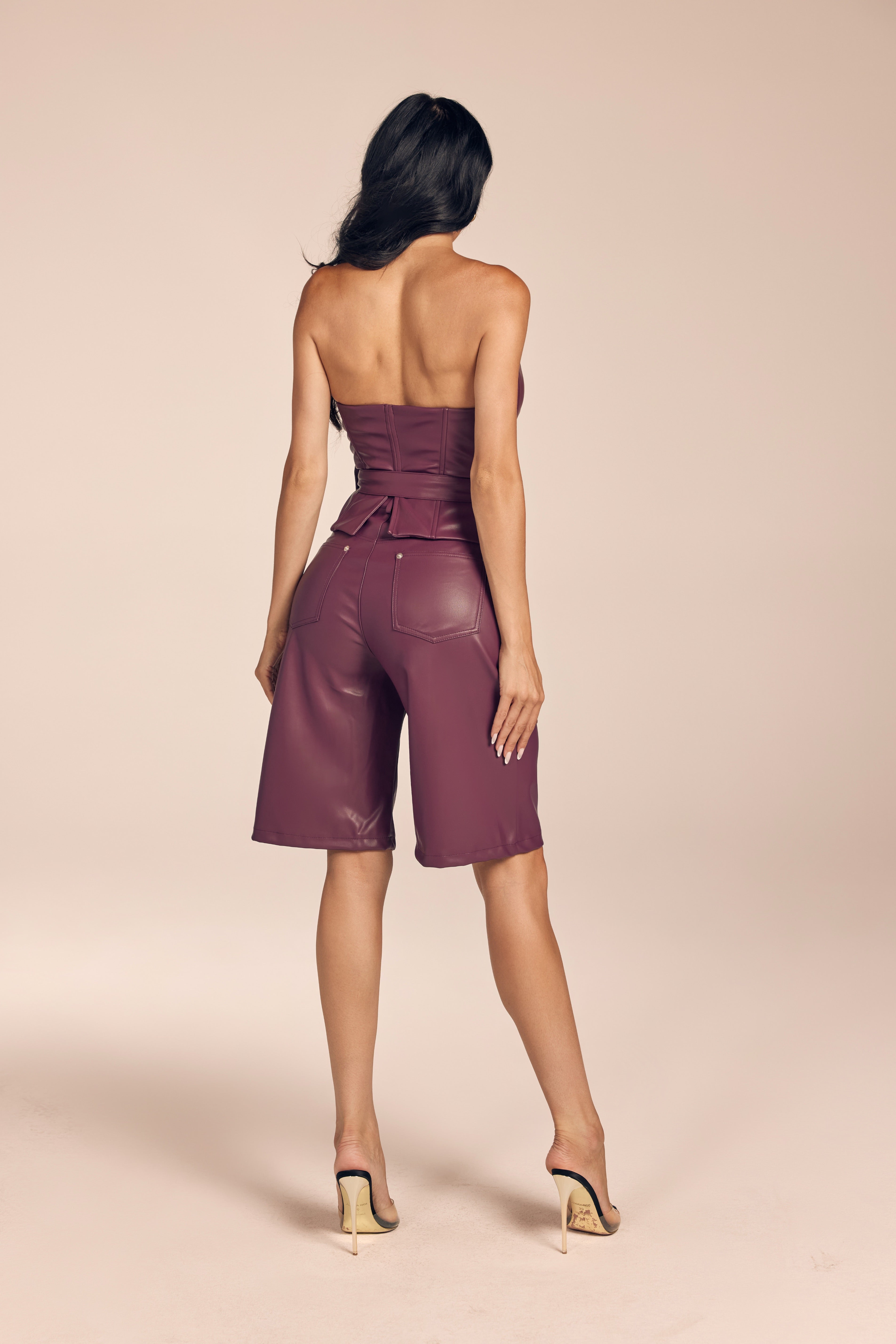 Faux Leather Strapless Belted Bustier Top and Bermudas Set