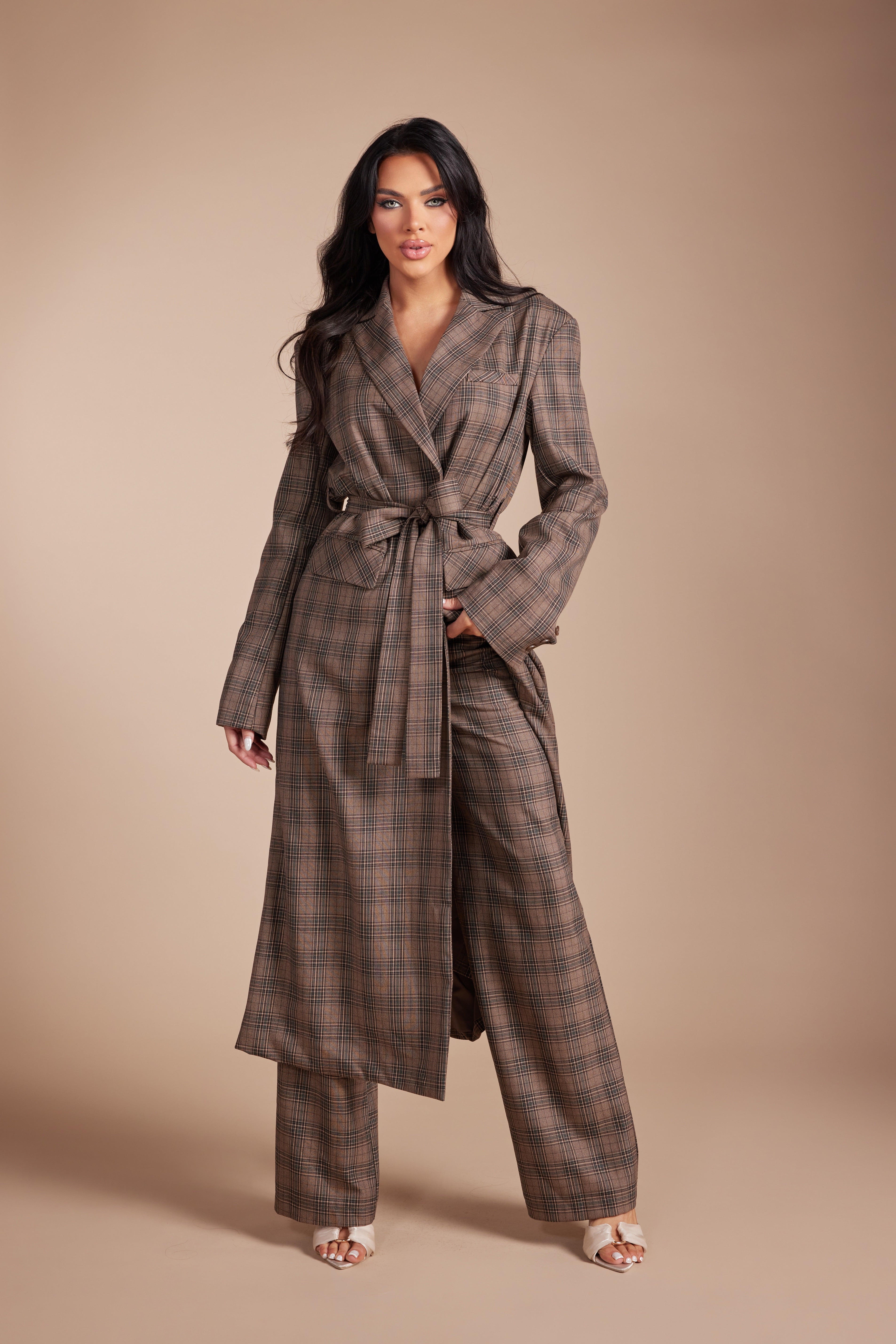 Plaid Long Trench Blazer Set with Self-Tie Belt and Trousers