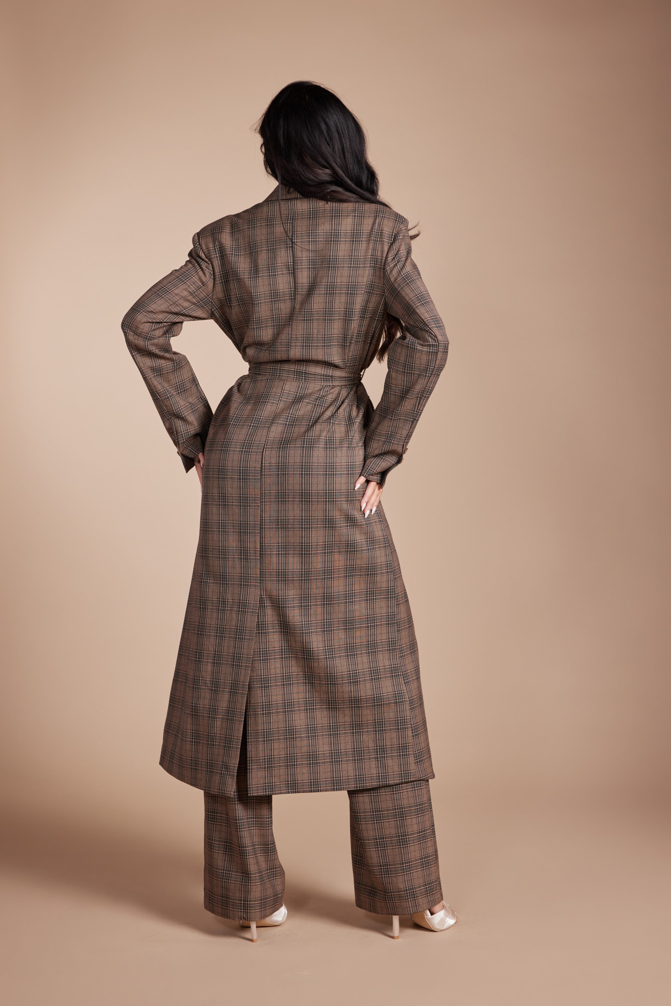 Plaid Long Trench Blazer Set with Self-Tie Belt and Trousers