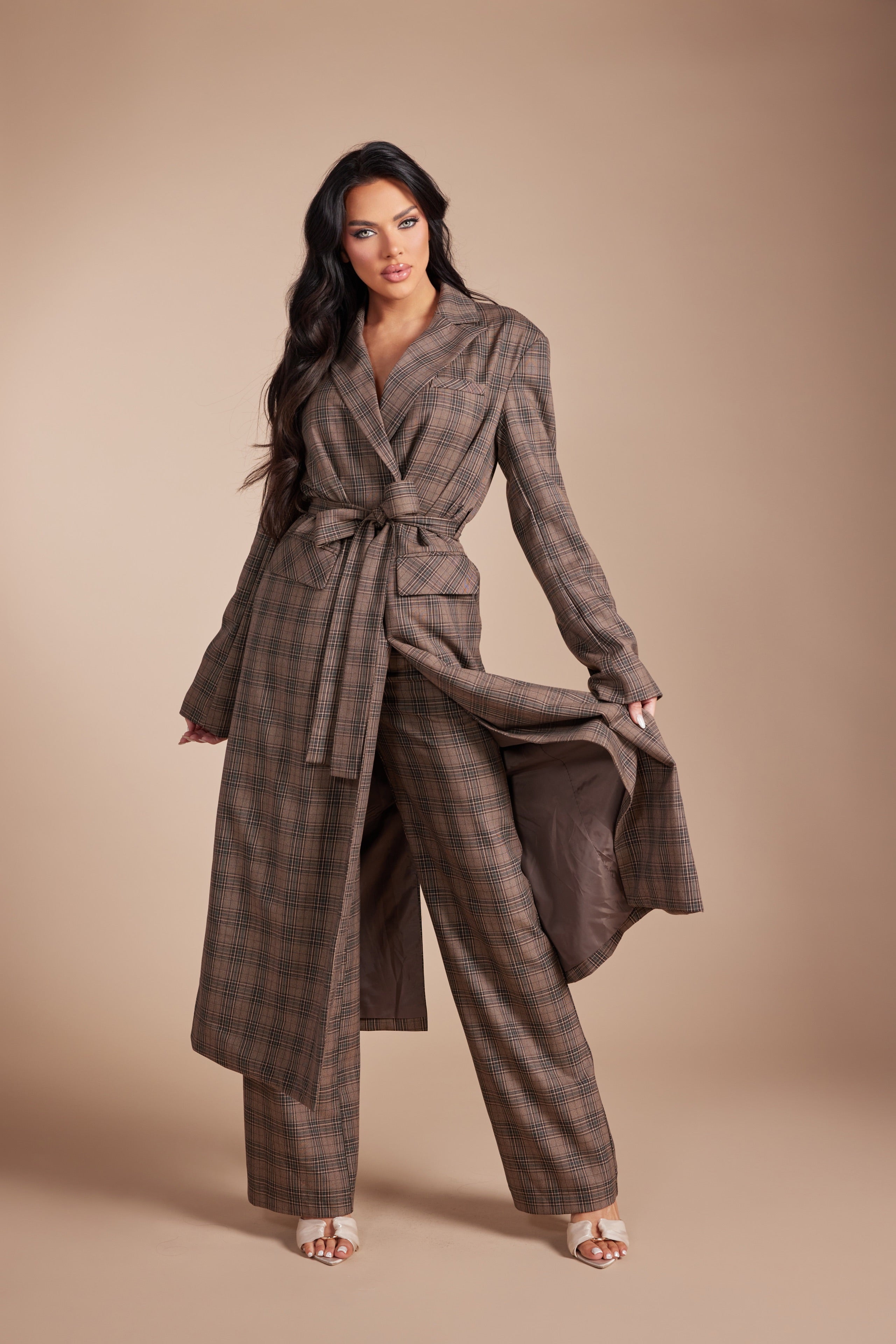 Plaid Long Trench Blazer Set with Self-Tie Belt and Trousers