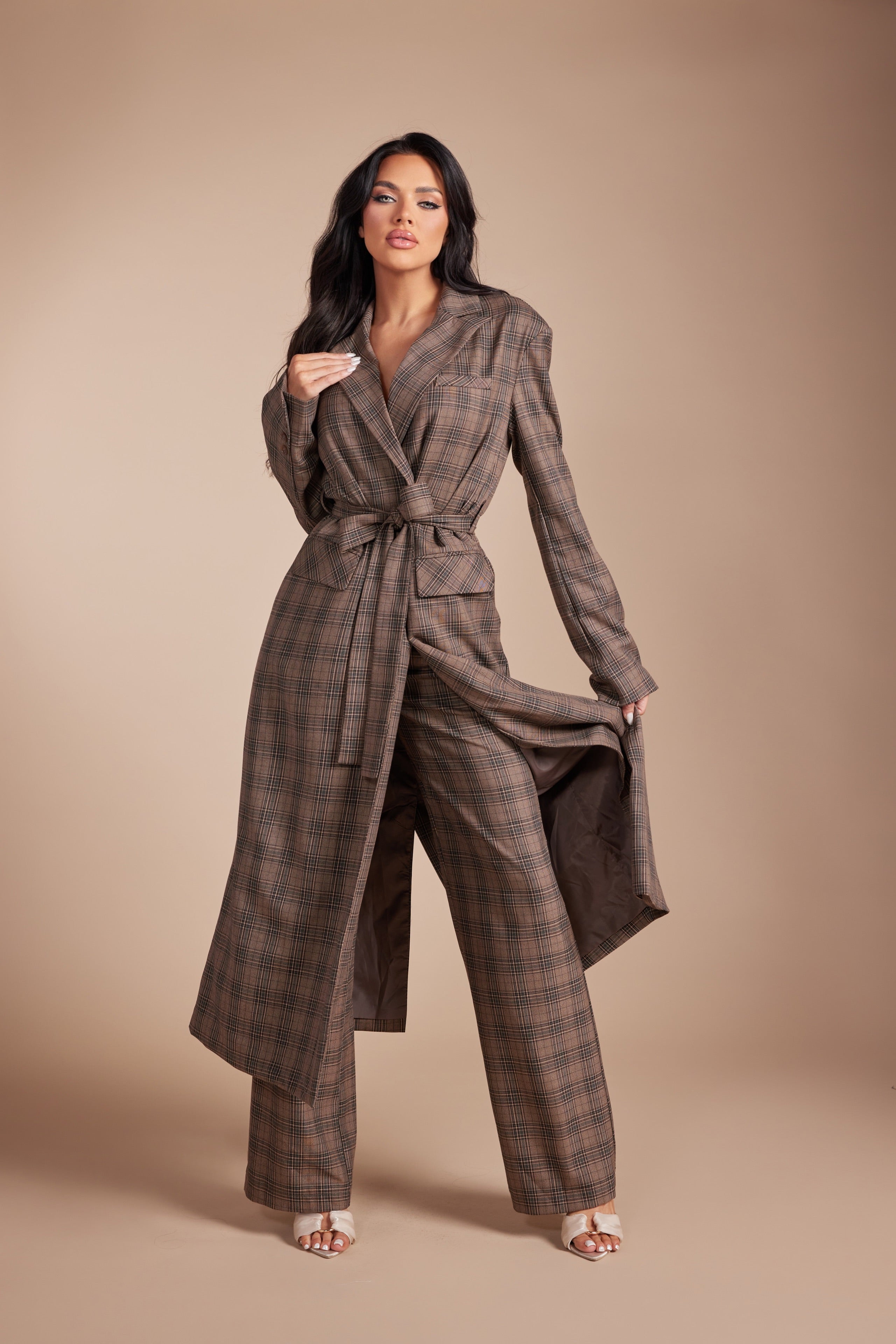 Plaid Long Trench Blazer Set with Self-Tie Belt and Trousers