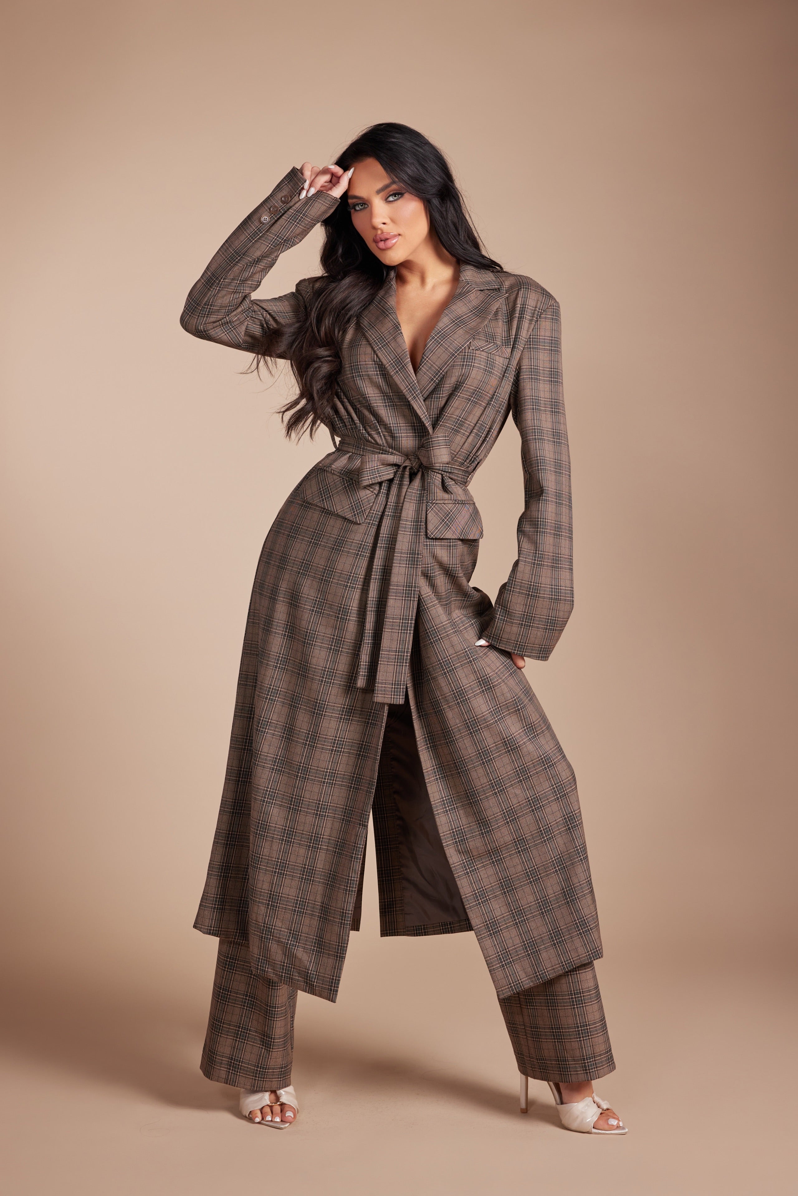 Plaid Long Trench Blazer Set with Self-Tie Belt and Trousers
