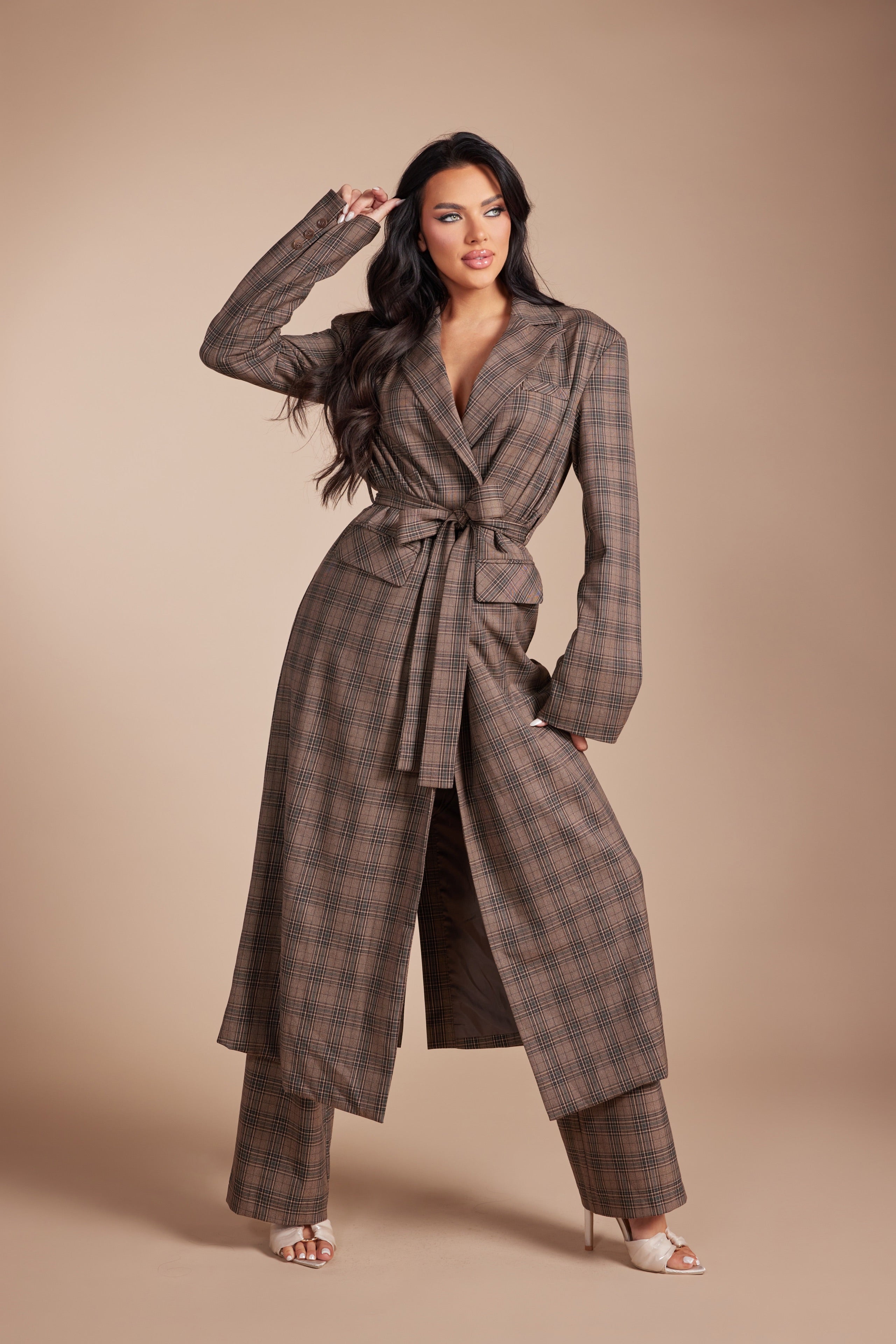 Plaid Long Trench Blazer Set with Self-Tie Belt and Trousers
