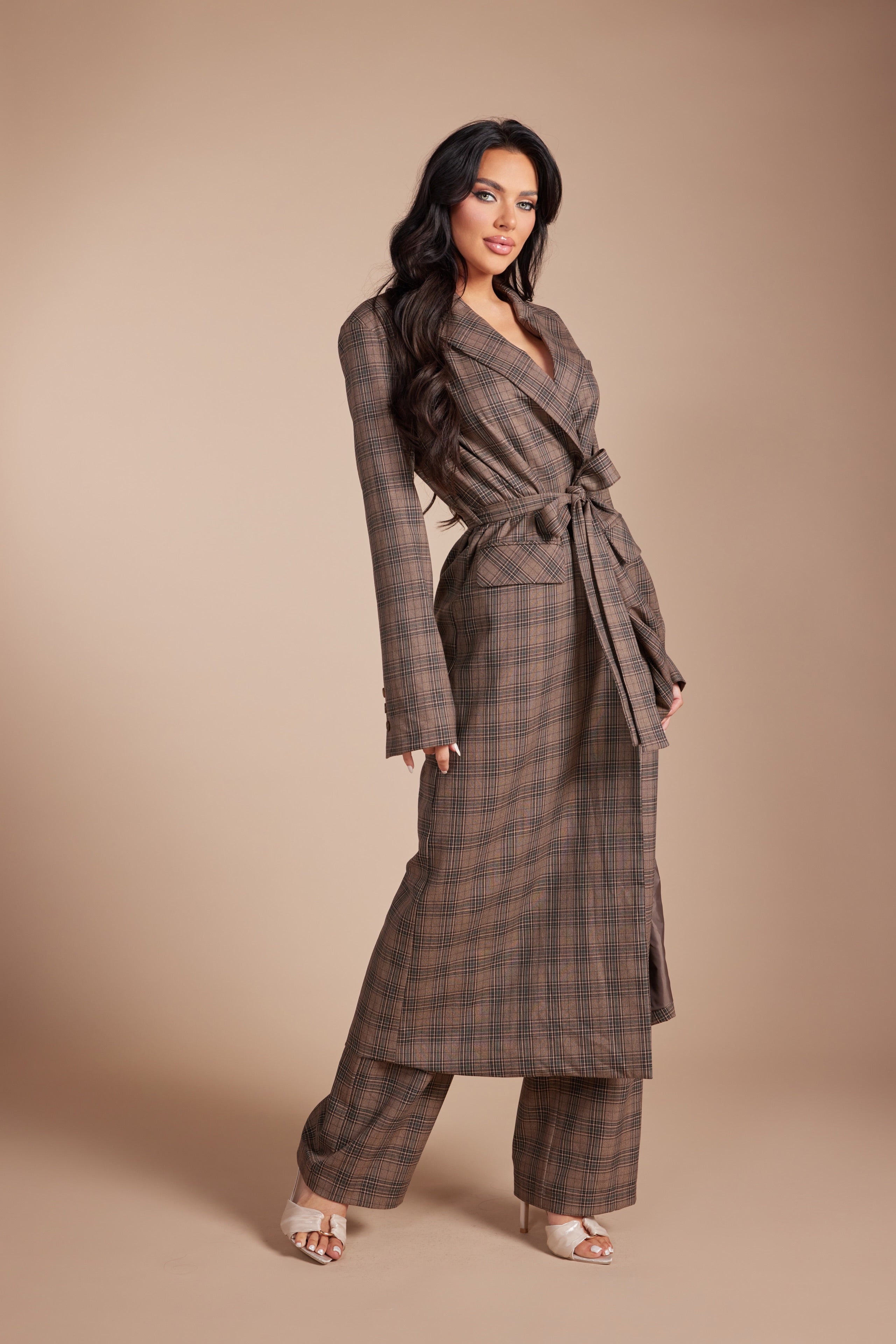 Plaid Long Trench Blazer Set with Self-Tie Belt and Trousers