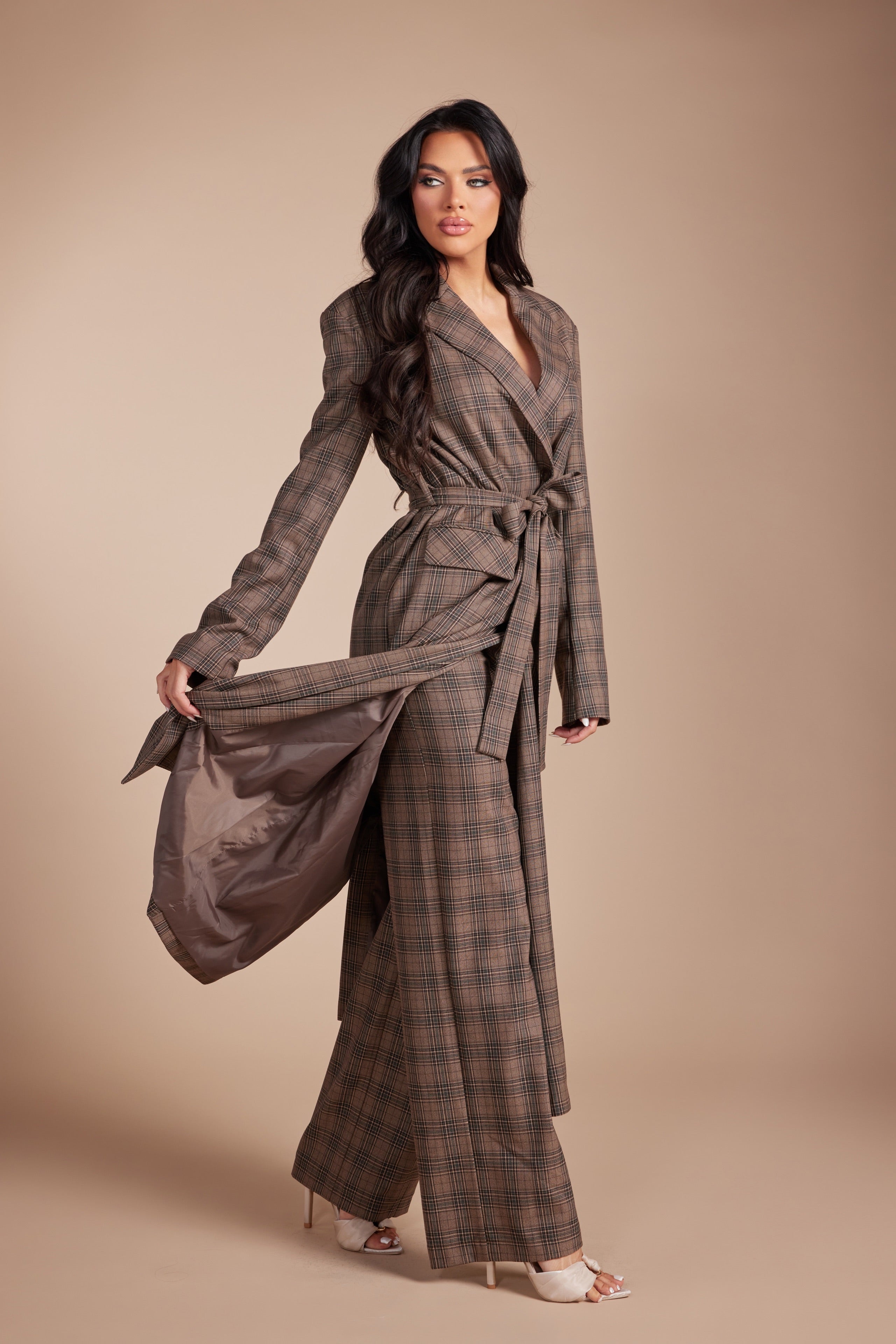 Plaid Long Trench Blazer Set with Self-Tie Belt and Trousers