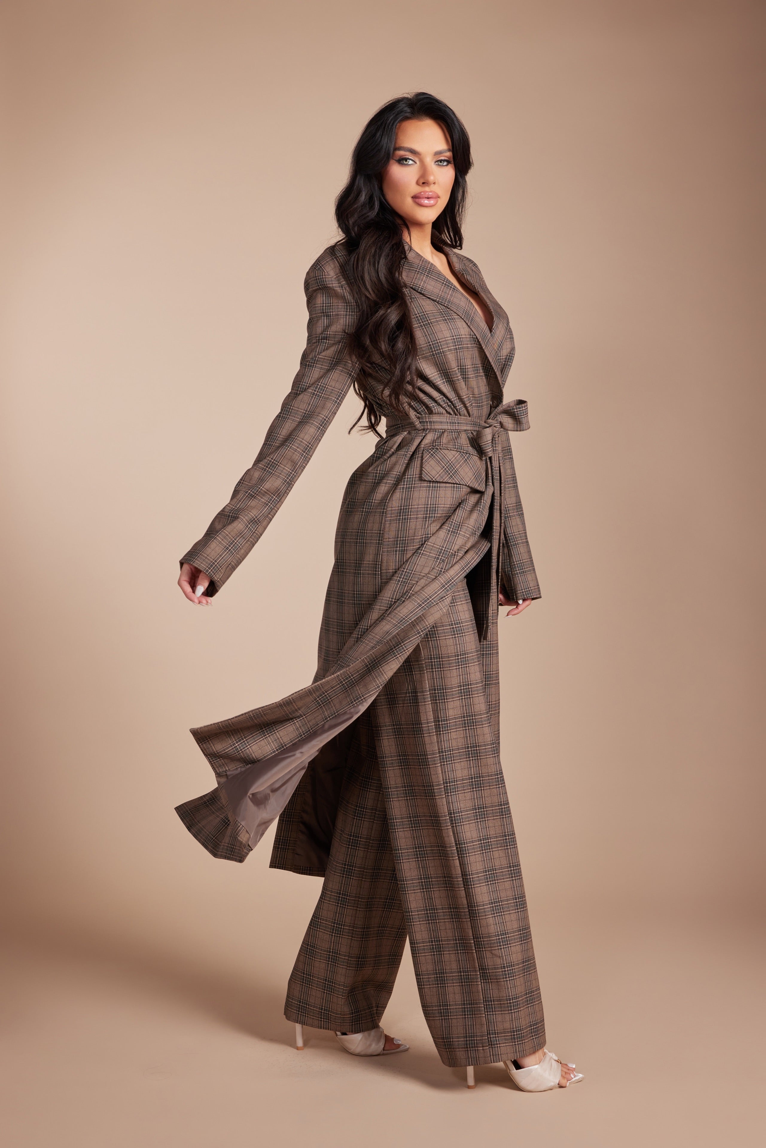 Plaid Long Trench Blazer Set with Self-Tie Belt and Trousers