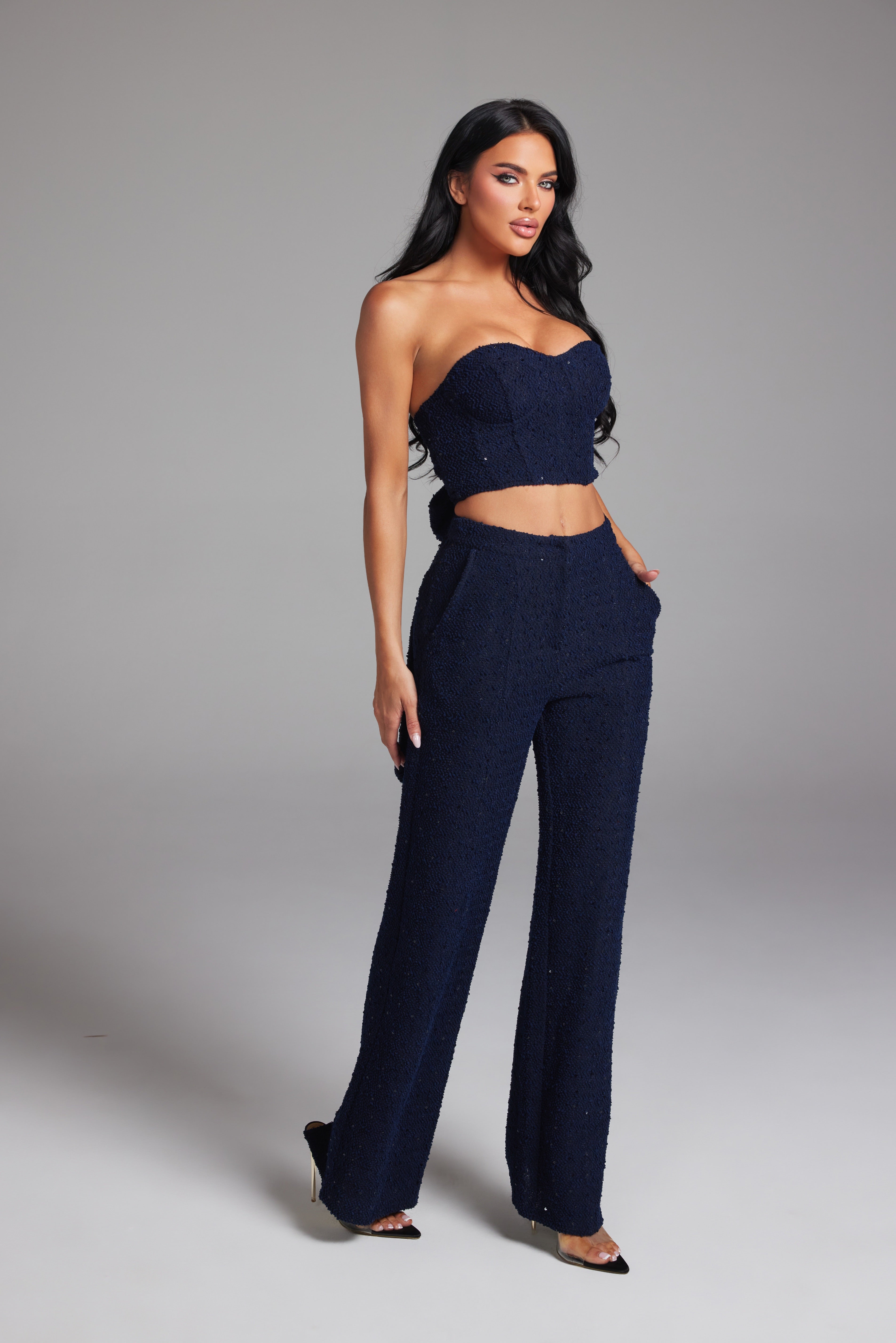 Sequin Tweed Tube Top and Wide Leg Pants Matching Set