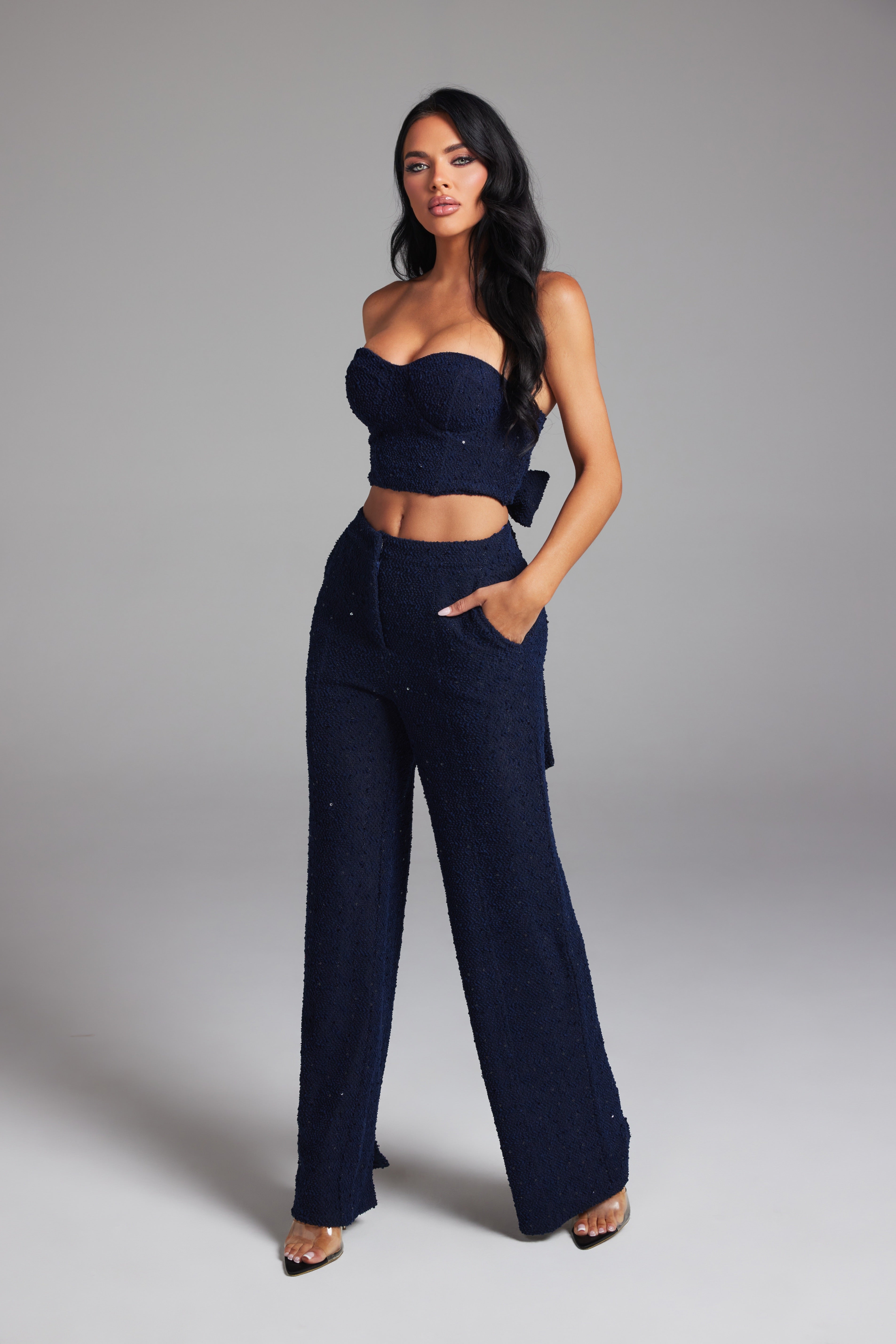 Sequin Tweed Tube Top and Wide Leg Pants Matching Set