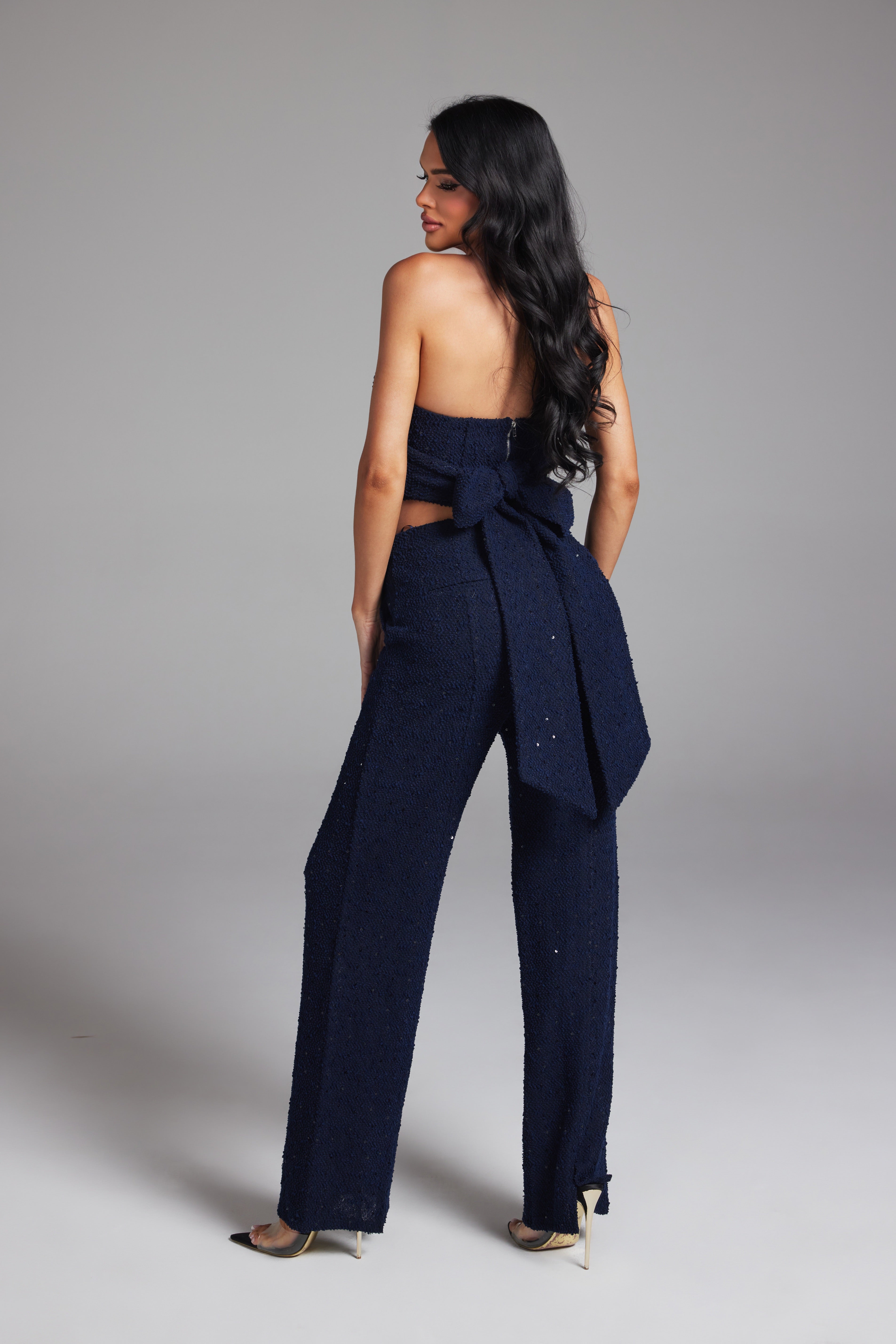 Sequin Tweed Tube Top and Wide Leg Pants Matching Set