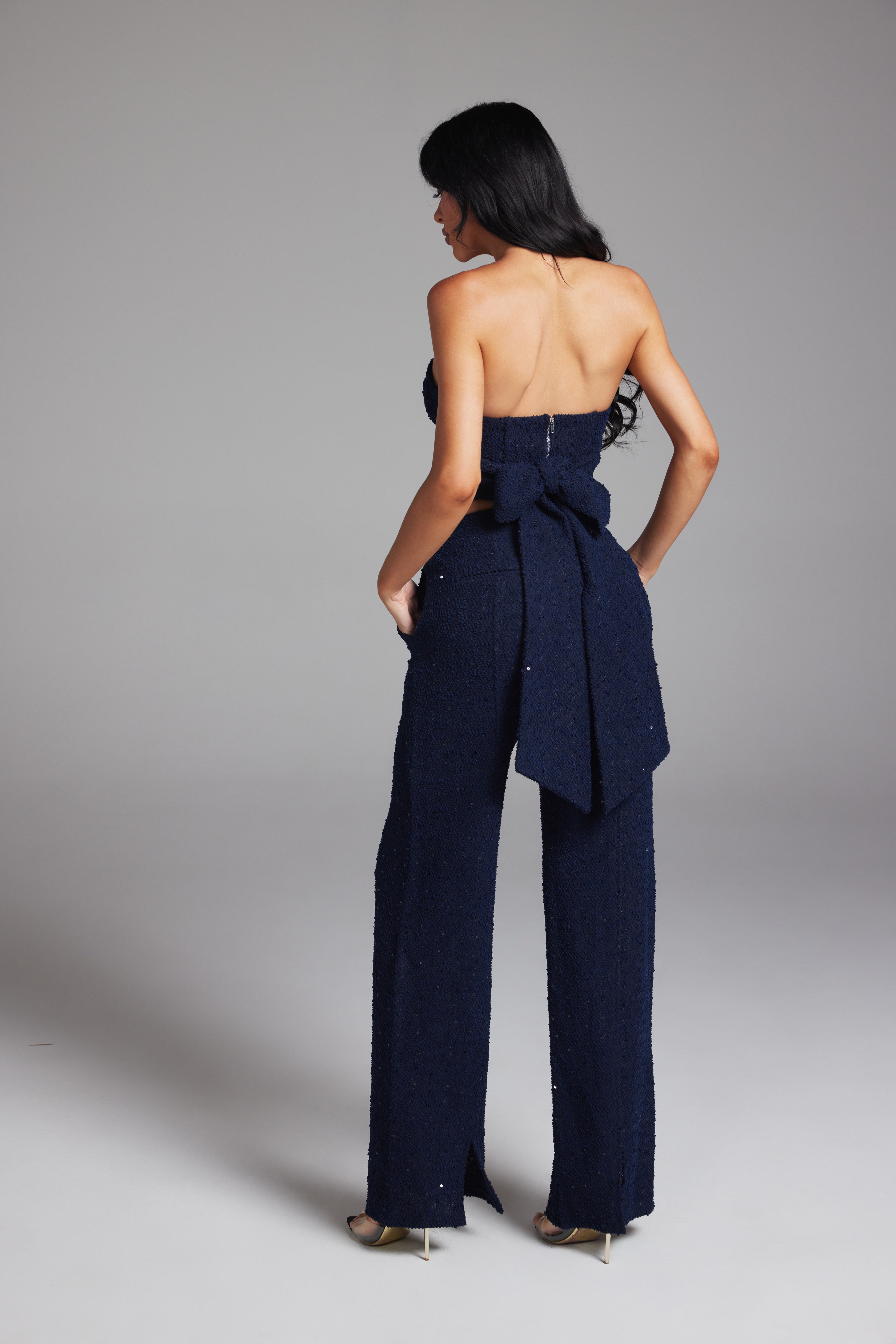 Sequin Tweed Tube Top and Wide Leg Pants Matching Set