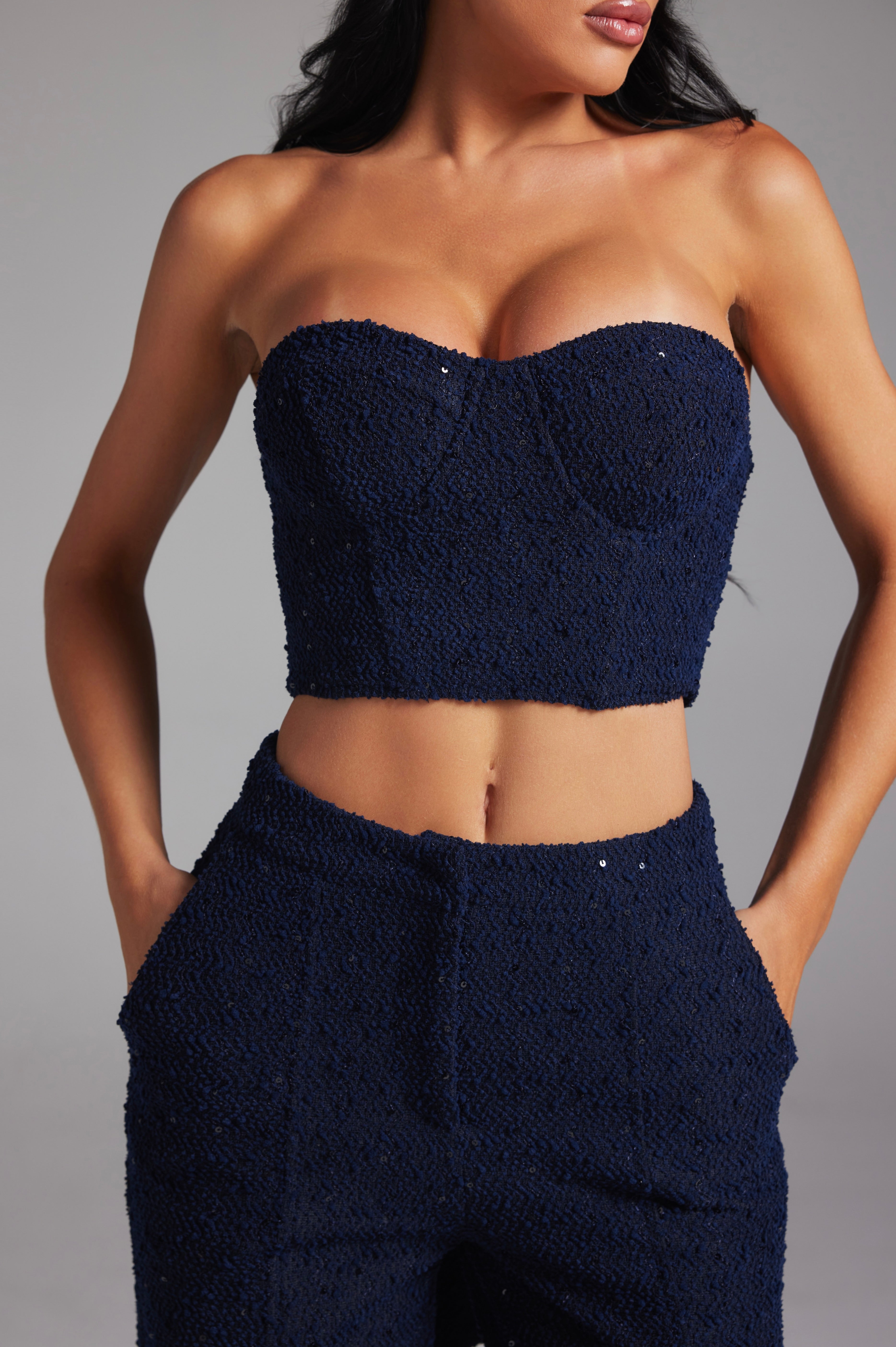 Sequin Tweed Tube Top and Wide Leg Pants Matching Set