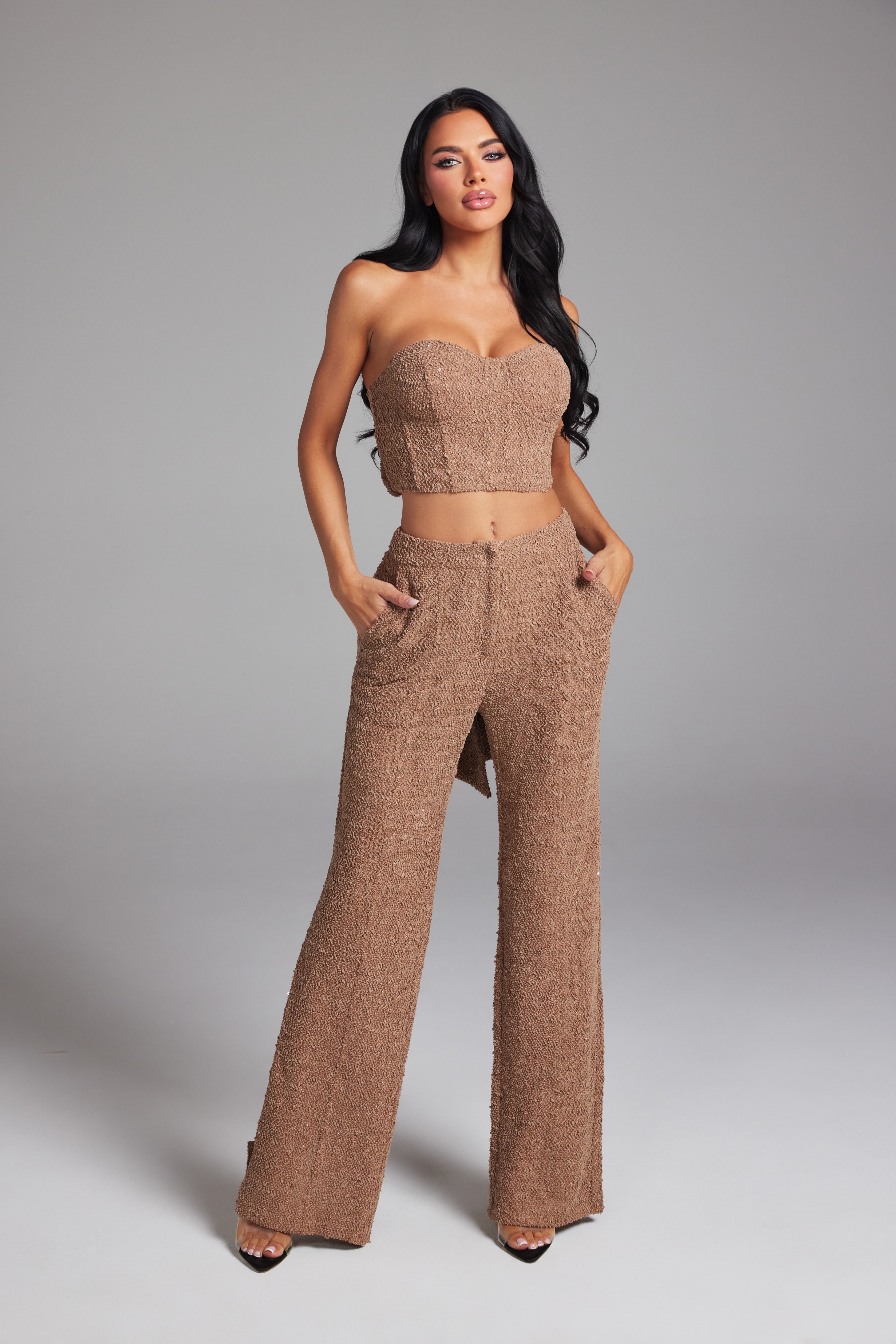 Sequin Tweed Tube Top and Wide Leg Pants Matching Set