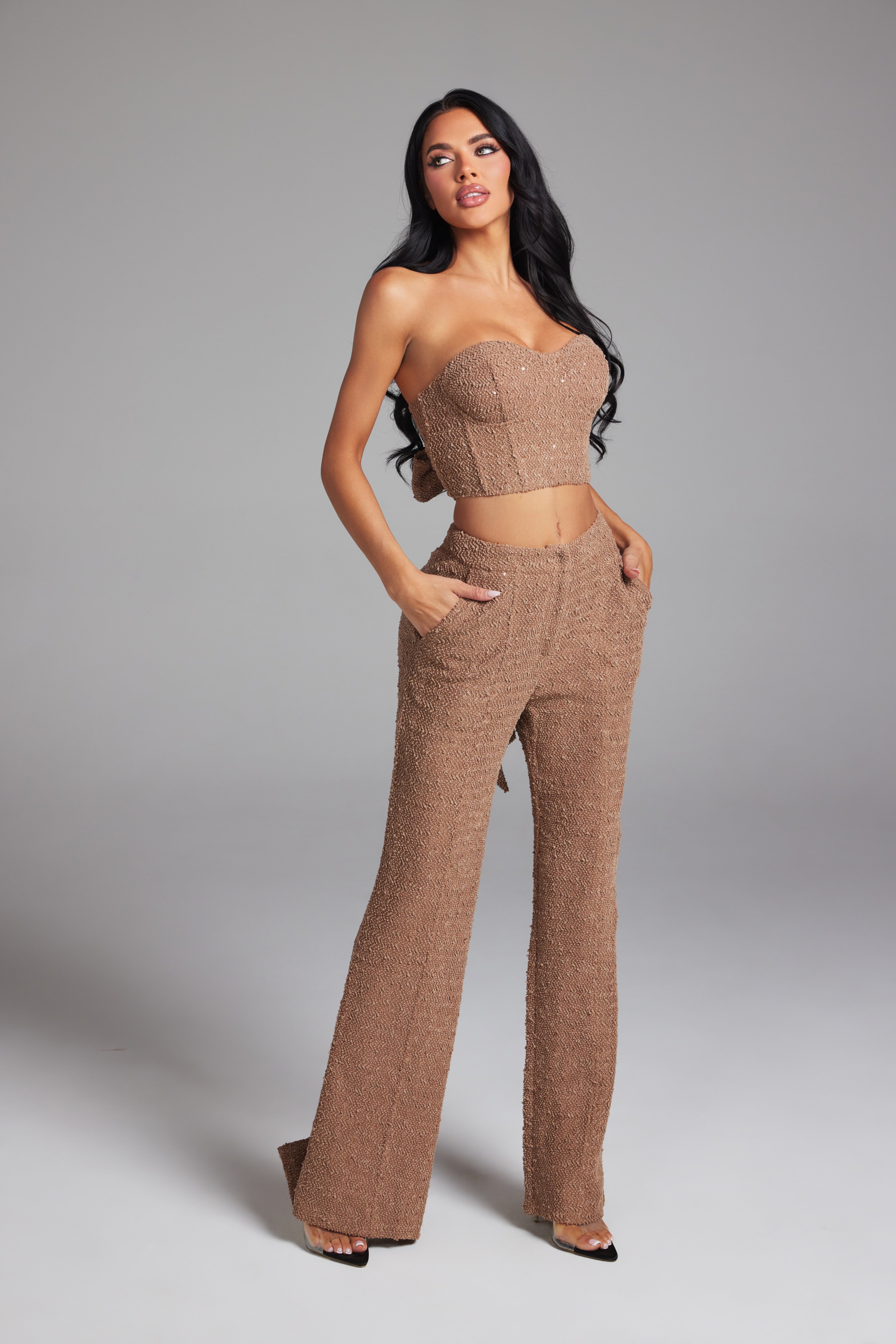 Sequin Tweed Tube Top and Wide Leg Pants Matching Set
